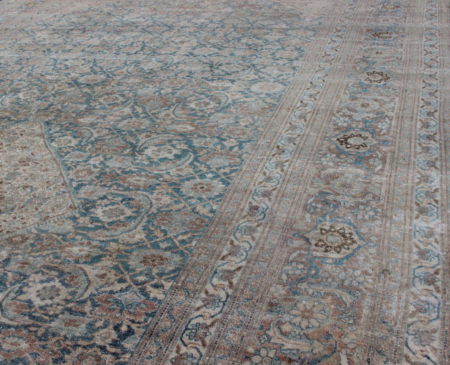 Large Antique Persian Tabriz Rug with Sub Geometric Herati Design in Light Blue For Sale 9