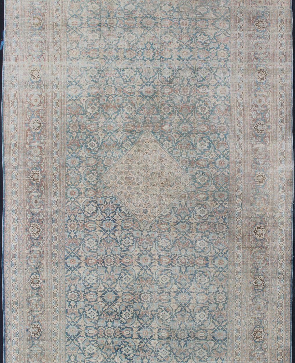 Sultanabad Large Antique Persian Tabriz Rug with Sub Geometric Herati Design in Light Blue For Sale