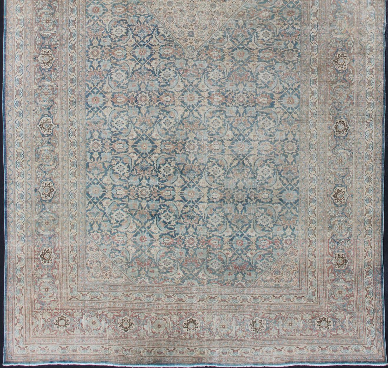Hand-Knotted Large Antique Persian Tabriz Rug with Sub Geometric Herati Design in Light Blue For Sale