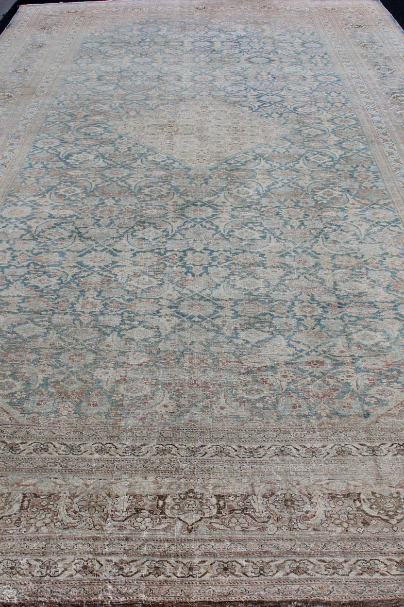 Large Antique Persian Tabriz Rug with Sub Geometric Herati Design in Light Blue For Sale 1