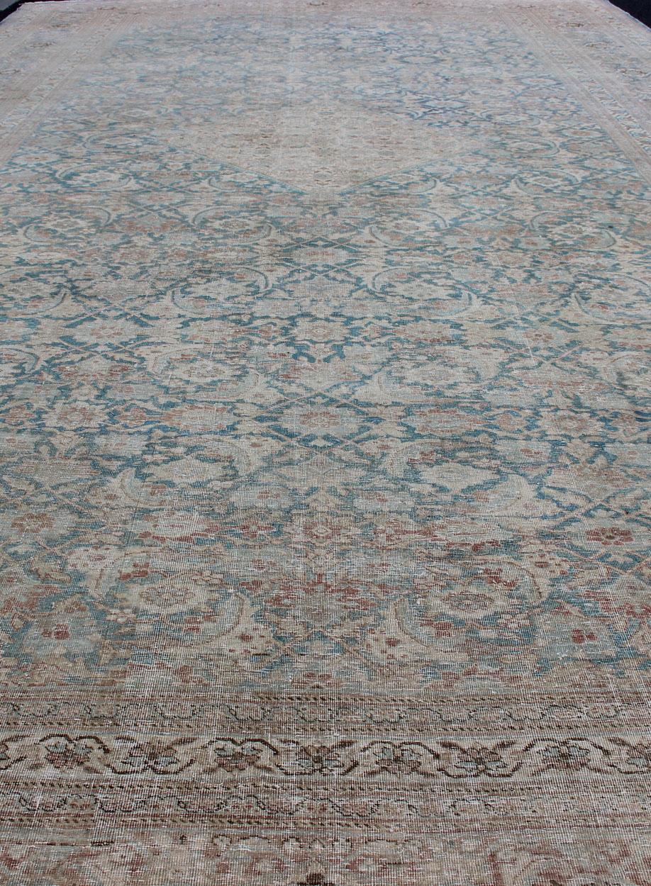 Large Antique Persian Tabriz Rug with Sub Geometric Herati Design in Light Blue For Sale 2