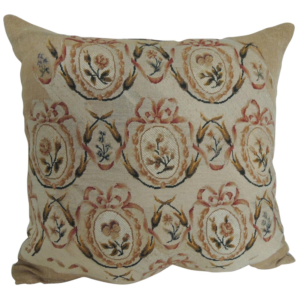 Large Antique Petit Point Floral Tapestry Decorative Pillow