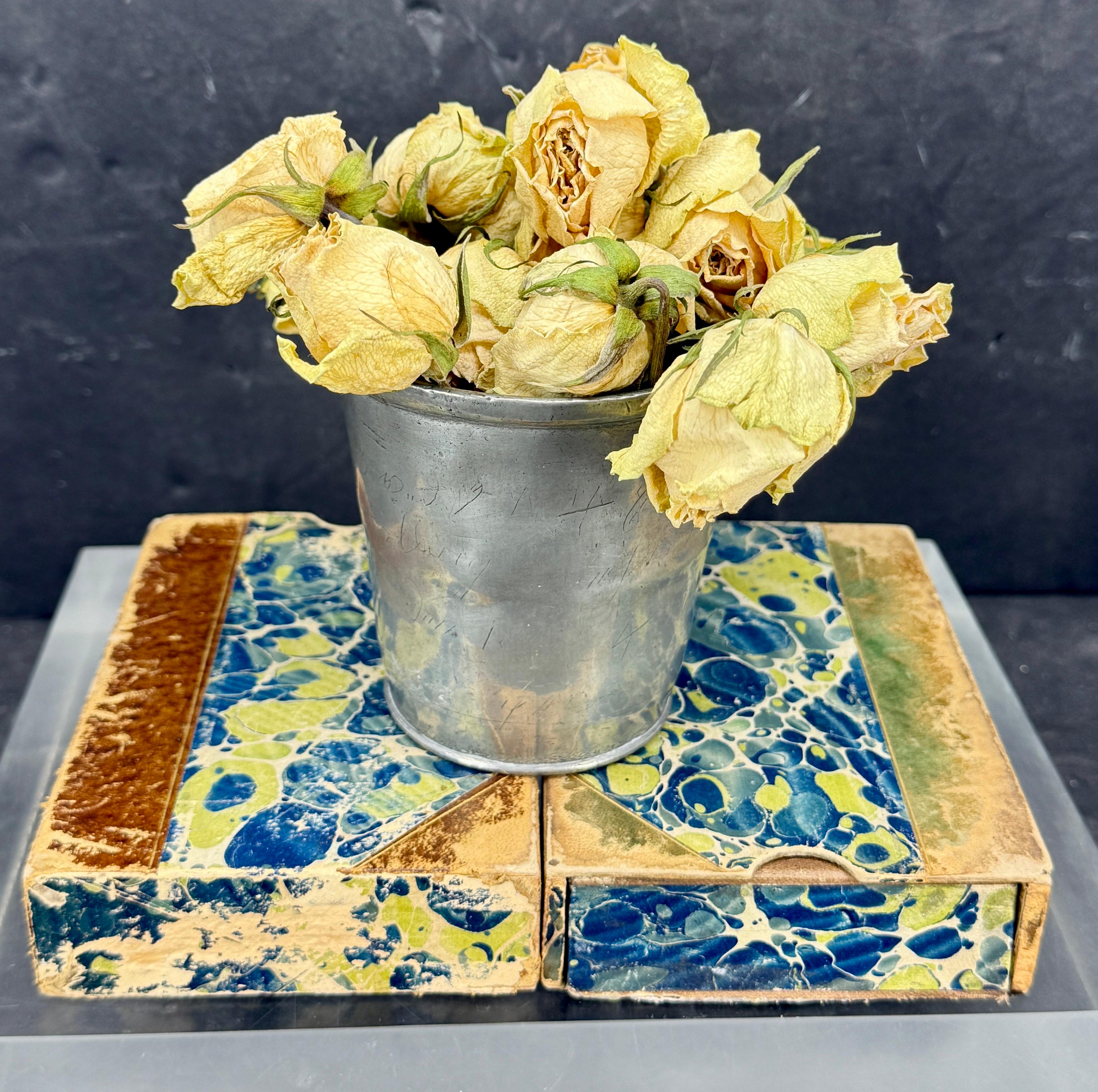 As found in Europe, a charming charming round shaped cup. We see this elegant pewter vessel filled with writing utensils, art supplies or petite floral bouquets. 

