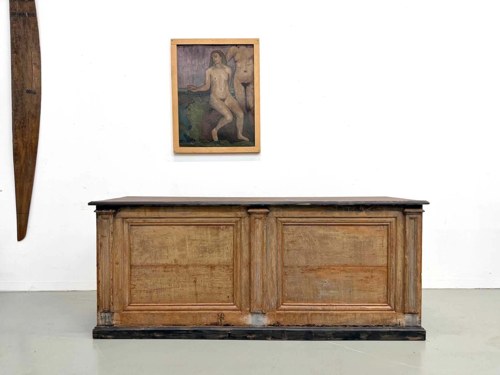 Large Antique Pine Shop Counter, Original Patina and Restored Drawers, 1920s