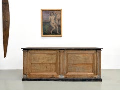 Large Antique Pine Shop Counter, Original Patina and Restored Drawers, 1920s