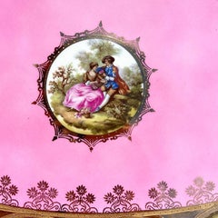 Large Antique Pink and Gold Porcelain Courting Platter with Fragonard Scenes