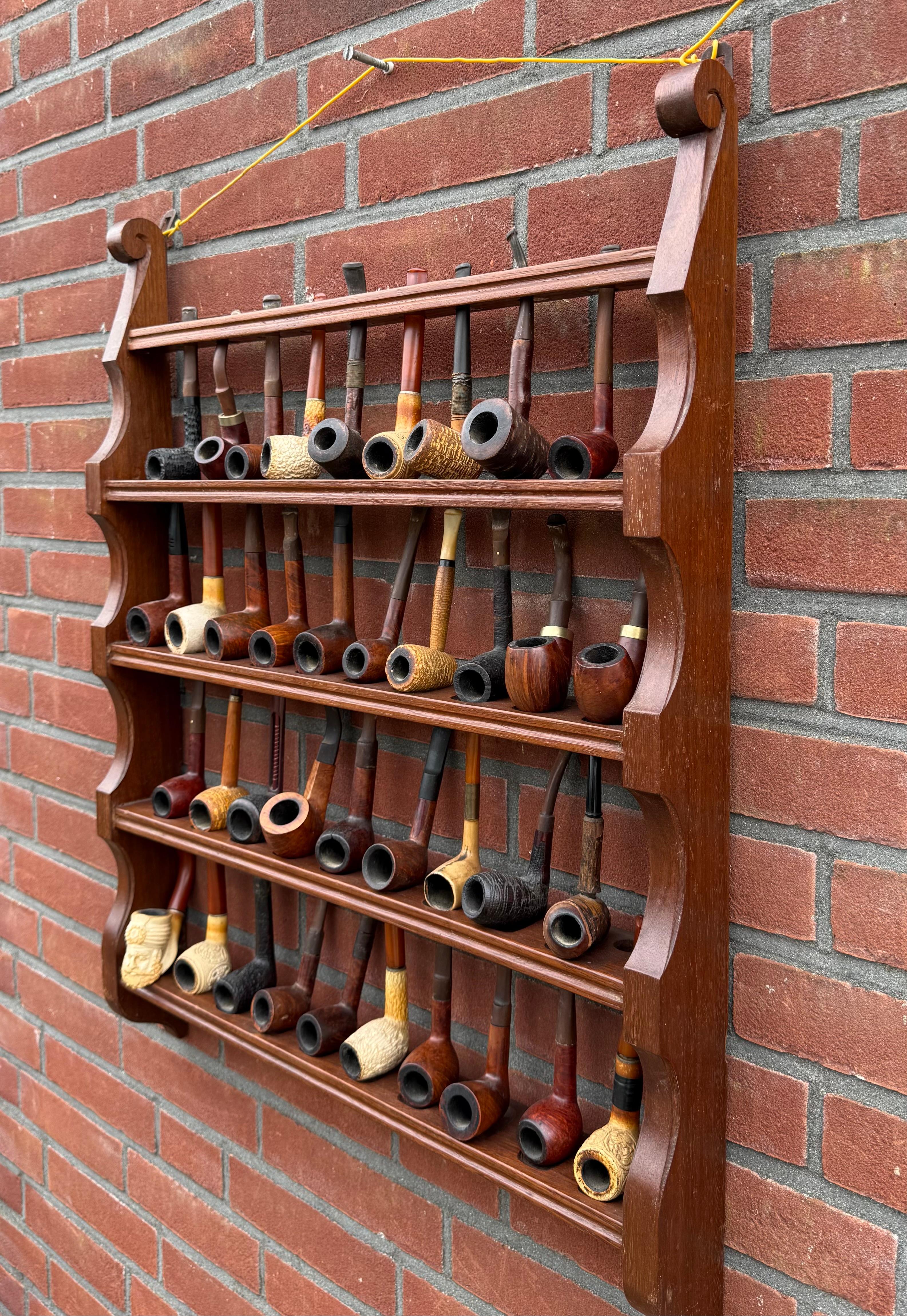 Large Antique Pipe Wall Rack & Antique Pipe Stand w. Barrel & Many Carved Pipes For Sale 3
