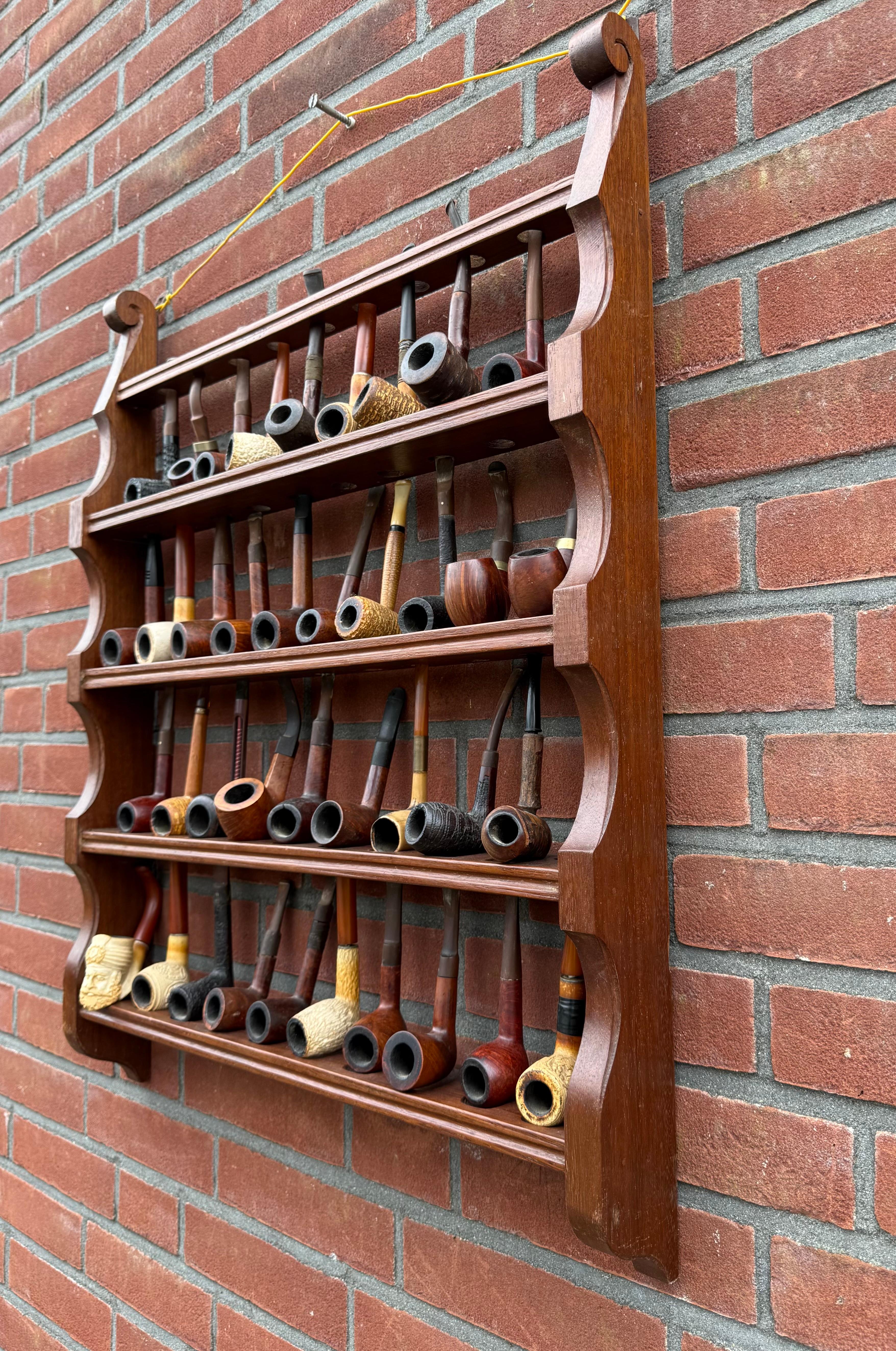 Arts and Crafts Large Antique Pipe Wall Rack & Antique Pipe Stand w. Barrel & Many Carved Pipes For Sale