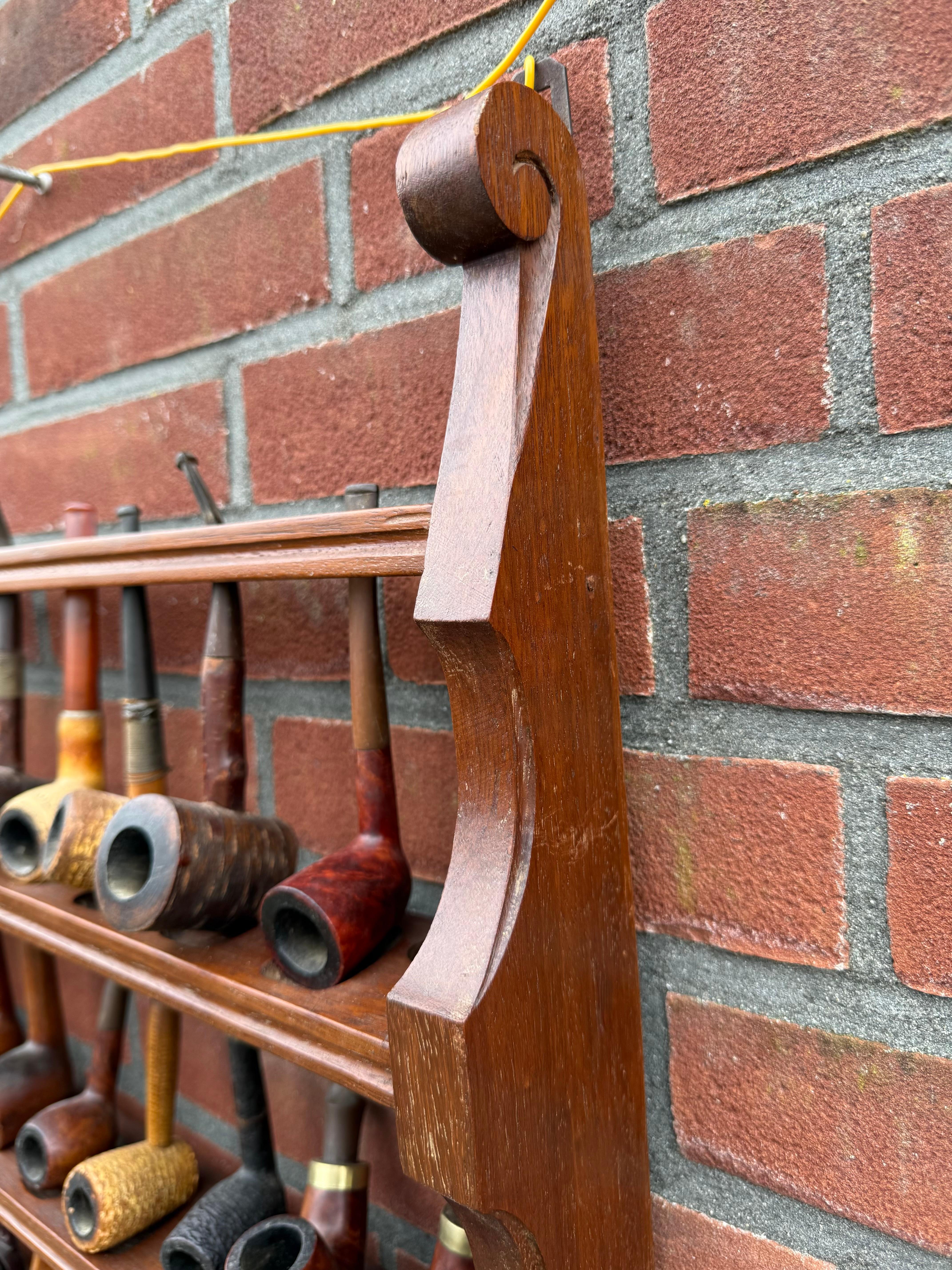 European Large Antique Pipe Wall Rack & Antique Pipe Stand w. Barrel & Many Carved Pipes For Sale