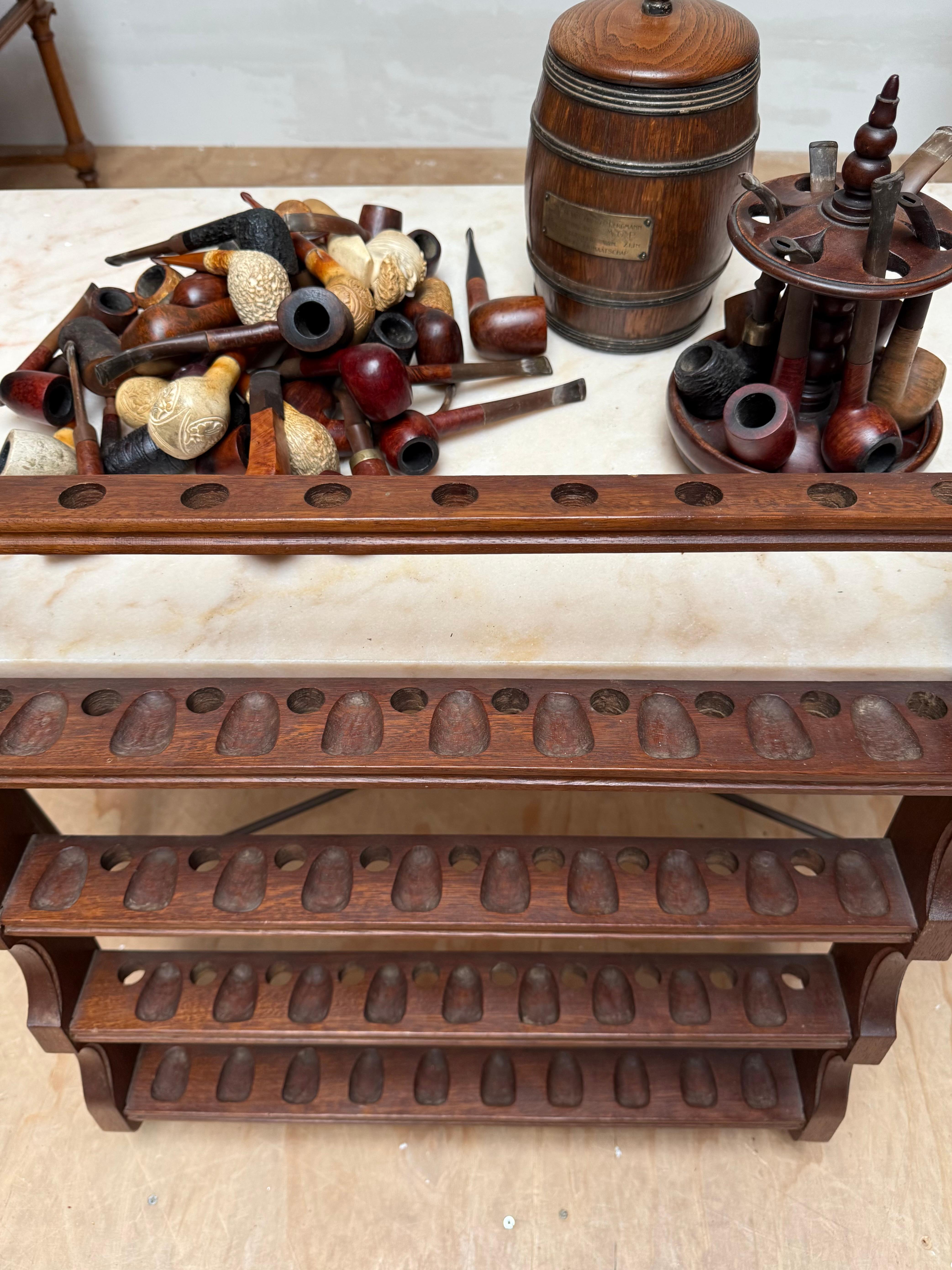 Sterling Silver Large Antique Pipe Wall Rack & Antique Pipe Stand w. Barrel & Many Carved Pipes For Sale