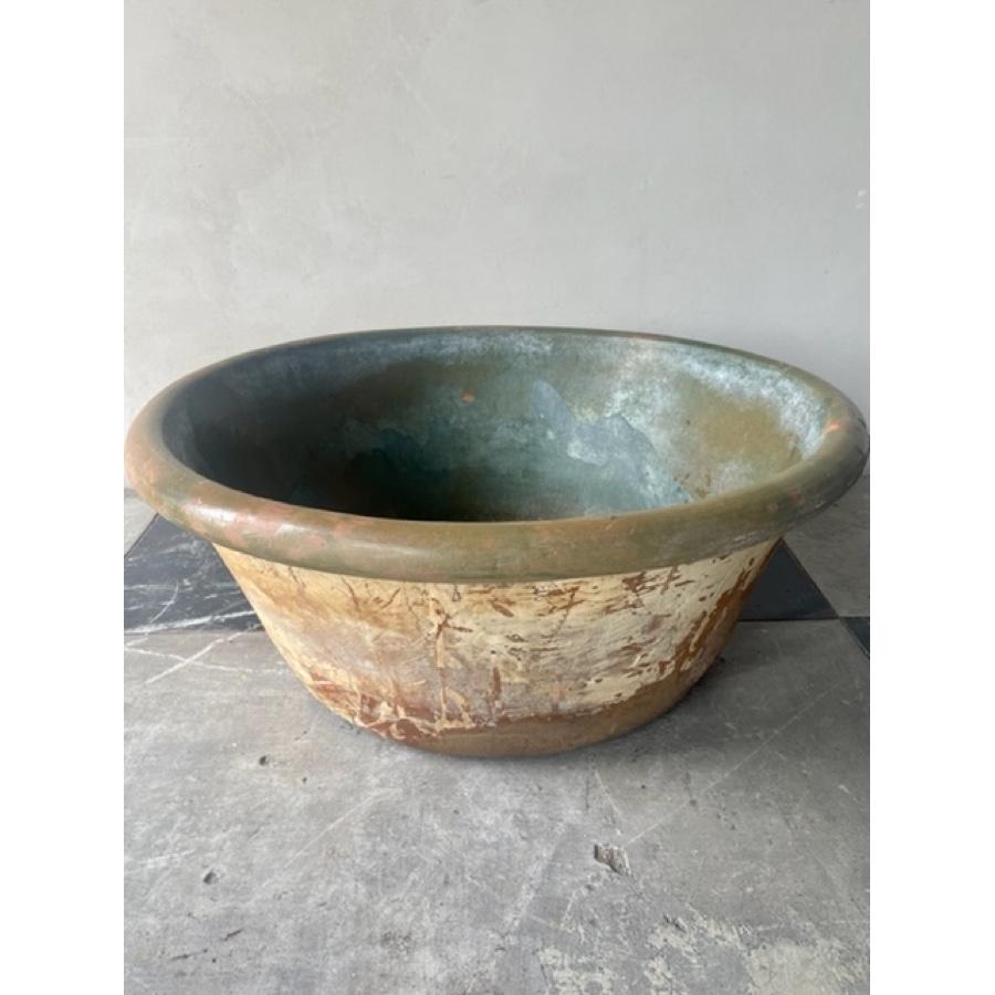 19th Century Large Antique French Glazed Terracotta Tian Bowl turned into a Planter For Sale
