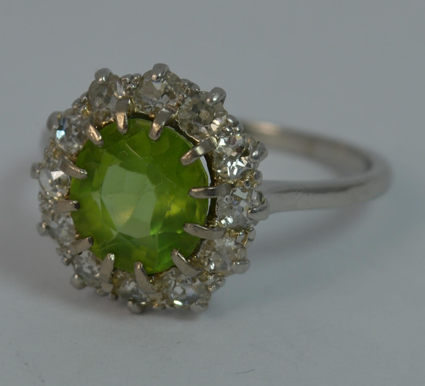 Large Antique Platinum Peridot and Old Cut Diamond Cluster Ring 4