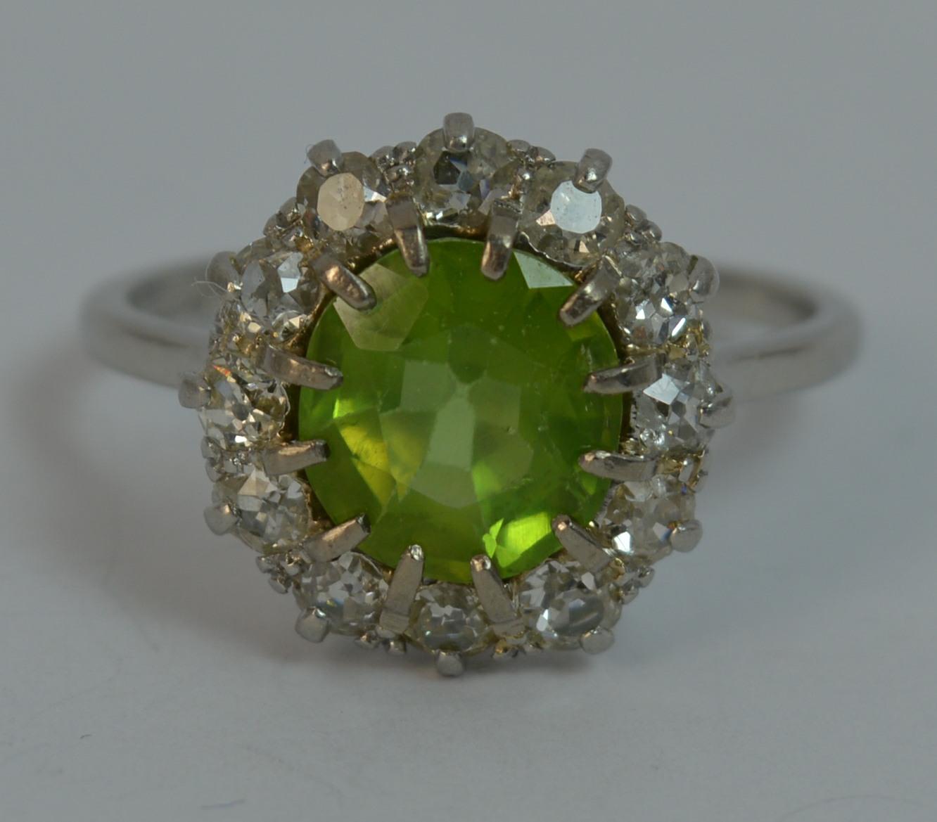 Large Antique Platinum Peridot and Old Cut Diamond Cluster Ring 5