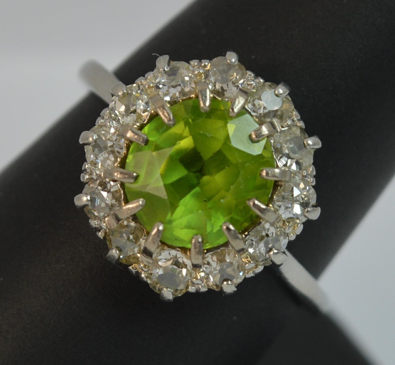 Large Antique Platinum Peridot and Old Cut Diamond Cluster Ring 6