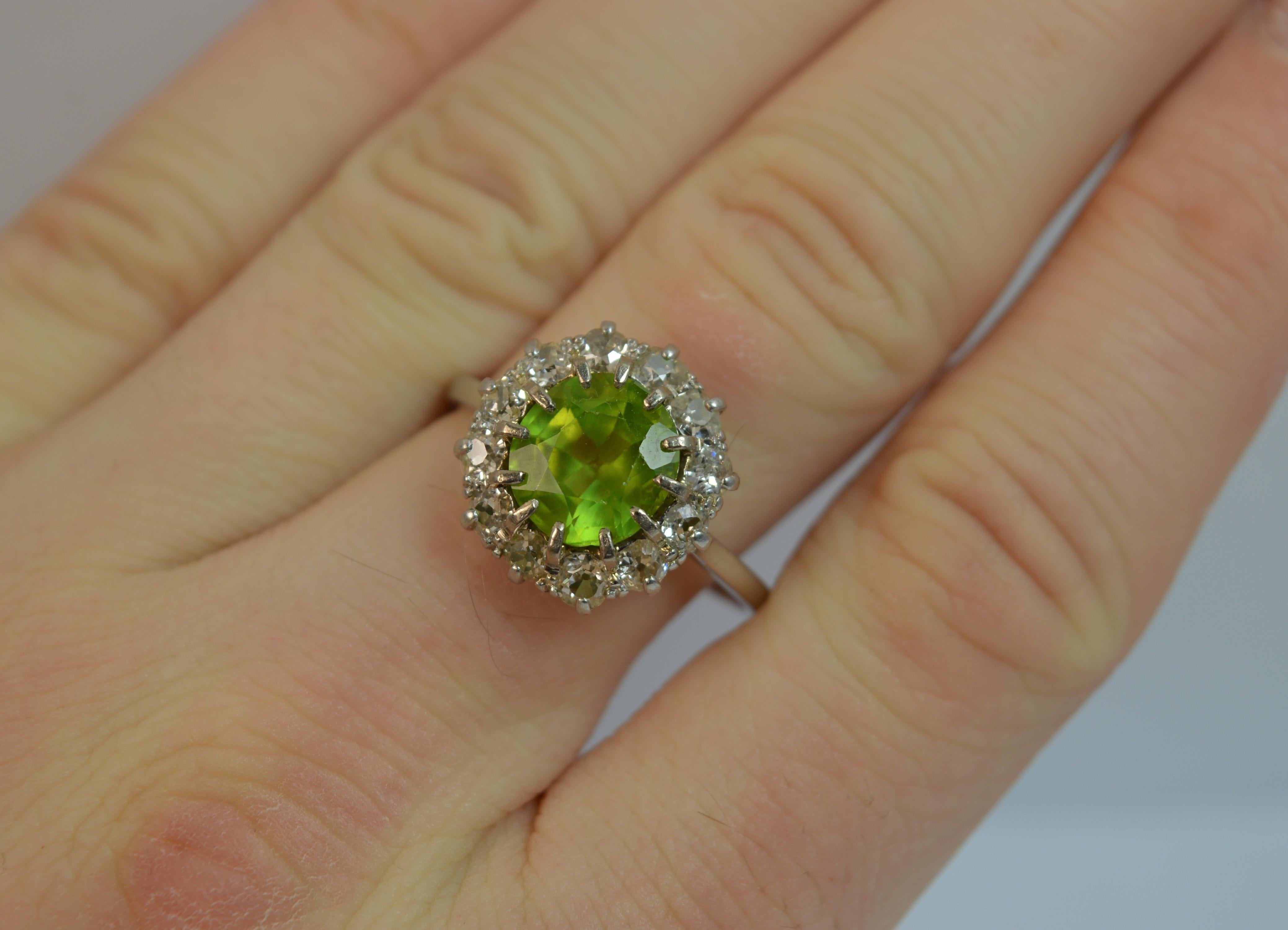 Edwardian Large Antique Platinum Peridot and Old Cut Diamond Cluster Ring