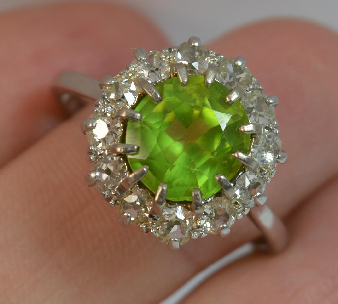 Old European Cut Large Antique Platinum Peridot and Old Cut Diamond Cluster Ring