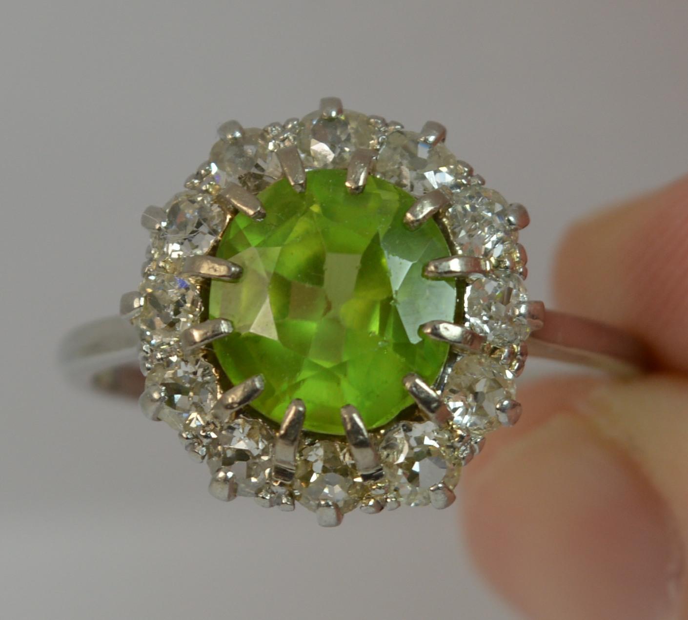 Large Antique Platinum Peridot and Old Cut Diamond Cluster Ring In Good Condition In St Helens, GB