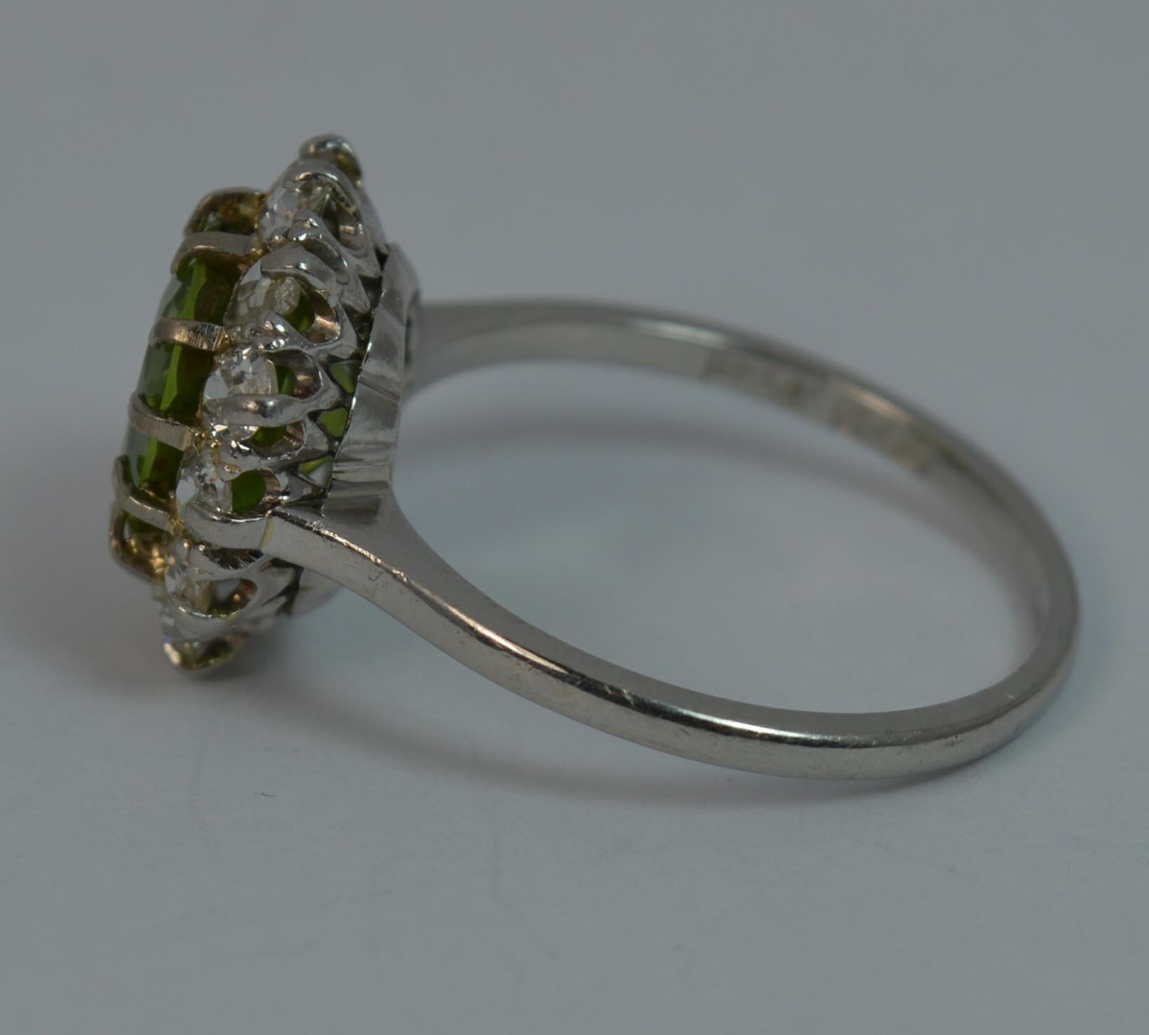 Large Antique Platinum Peridot and Old Cut Diamond Cluster Ring 1