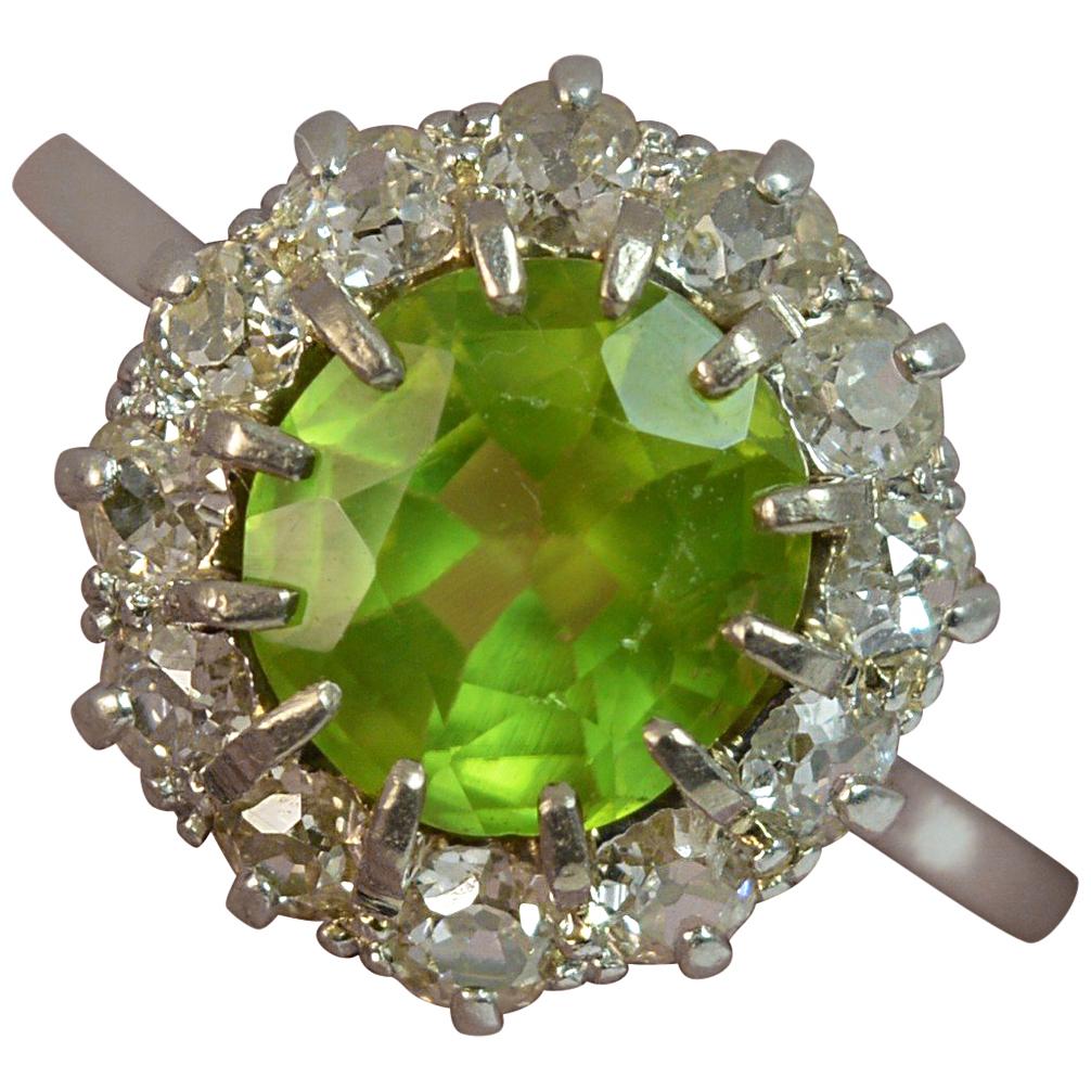 Large Antique Platinum Peridot and Old Cut Diamond Cluster Ring