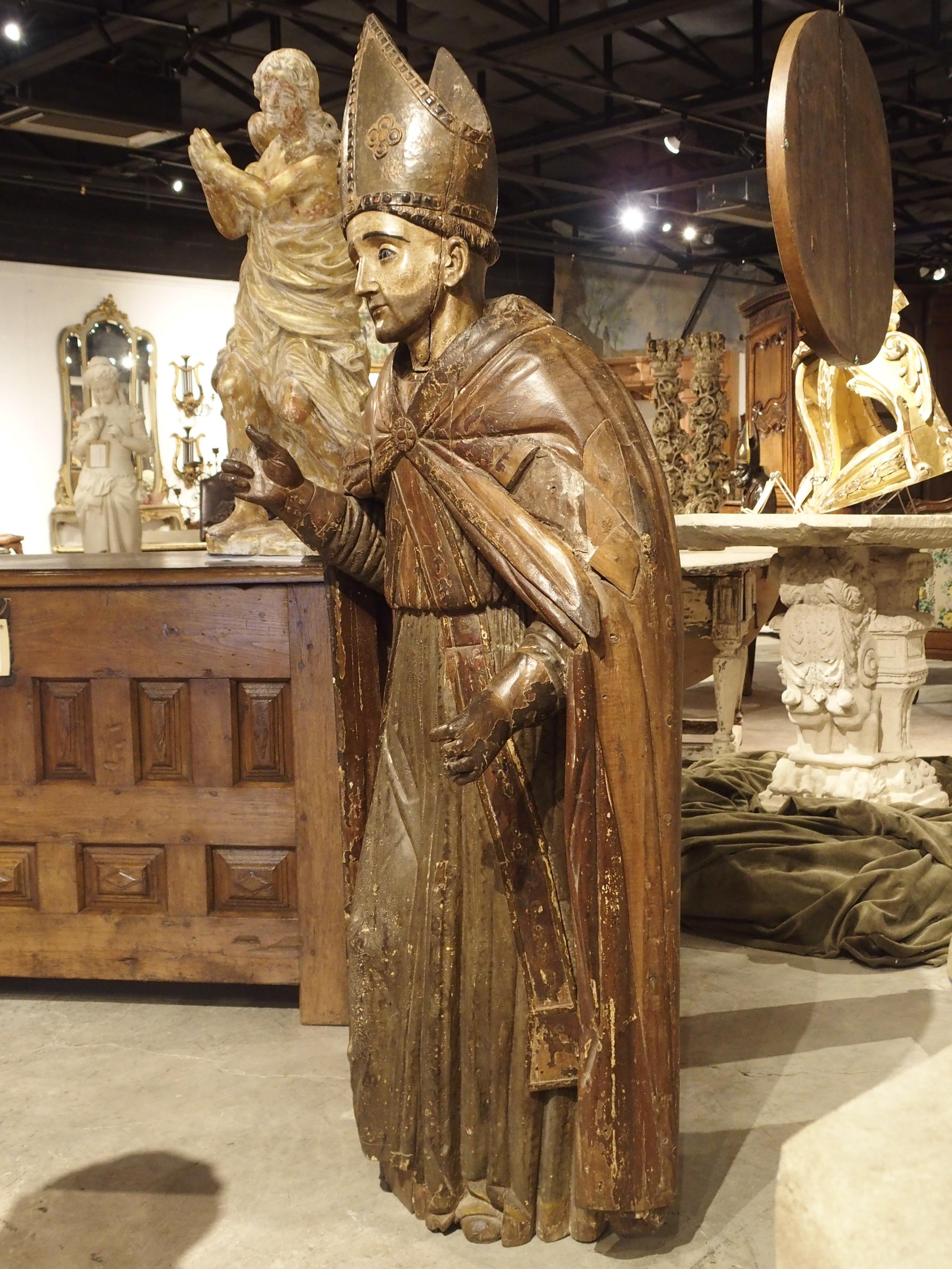 Large Antique Polychromed Wood Statue of a Bishop, circa 1650 In Fair Condition In Dallas, TX