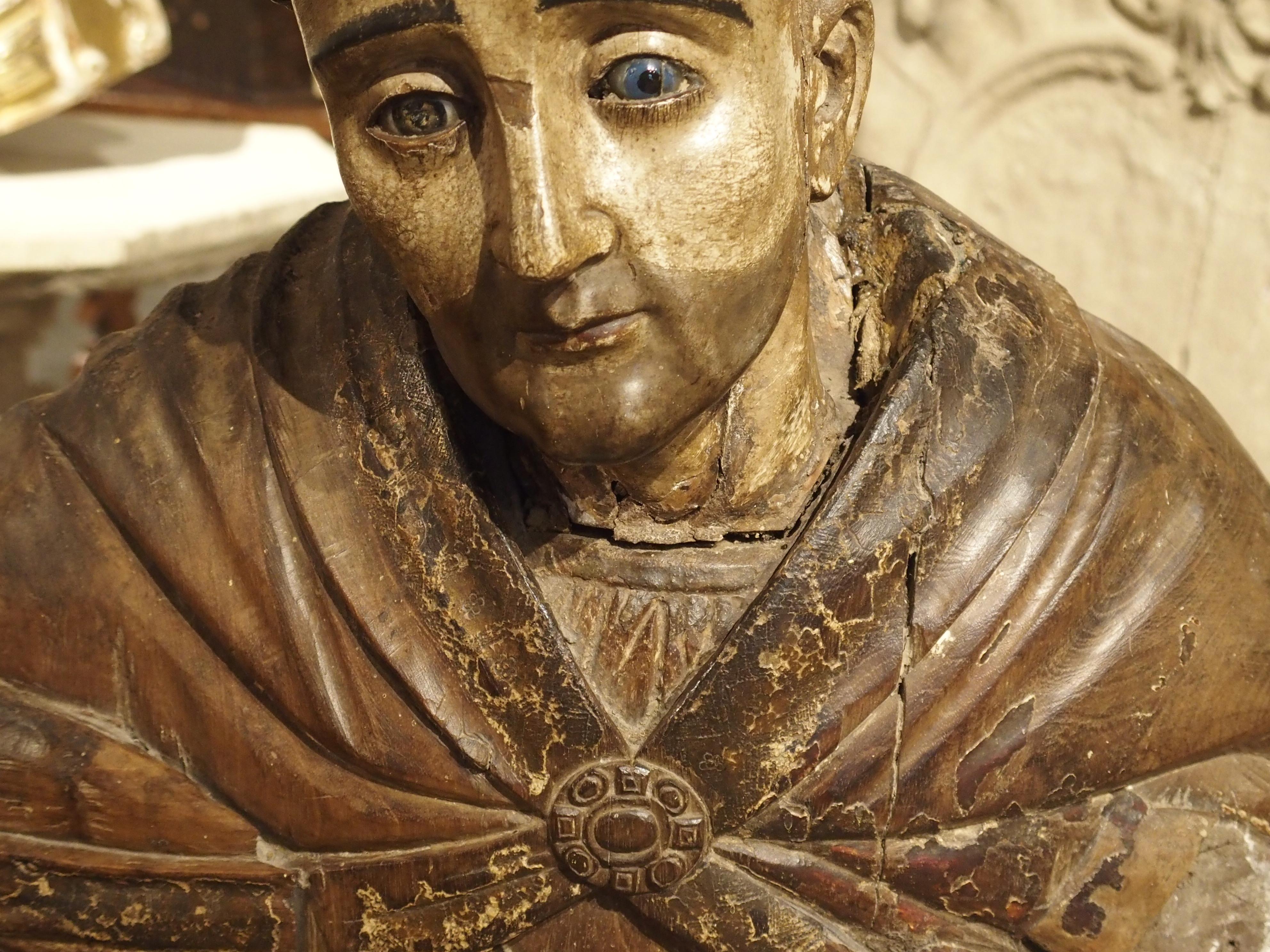 Fabric Large Antique Polychromed Wood Statue of a Bishop, circa 1650