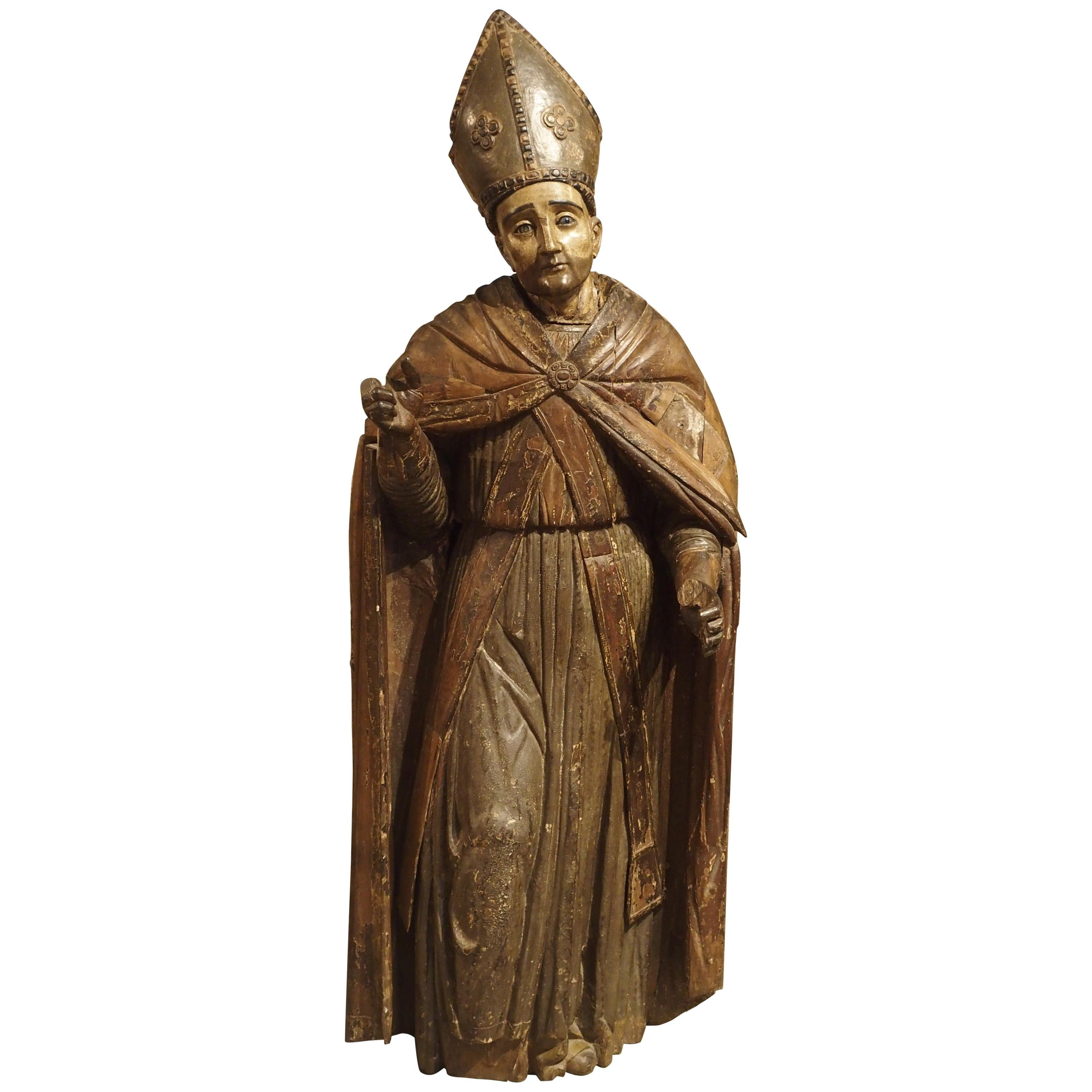 Large Antique Polychromed Wood Statue of a Bishop, circa 1650