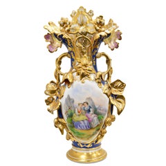 Large Antique Porcelain Vase w/ Gilded Foliage & Flowers & Figures in Landscape