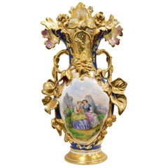 Large Antique Porcelain Vase w/ Gilded Foliage & Flowers & Figures in Landscape