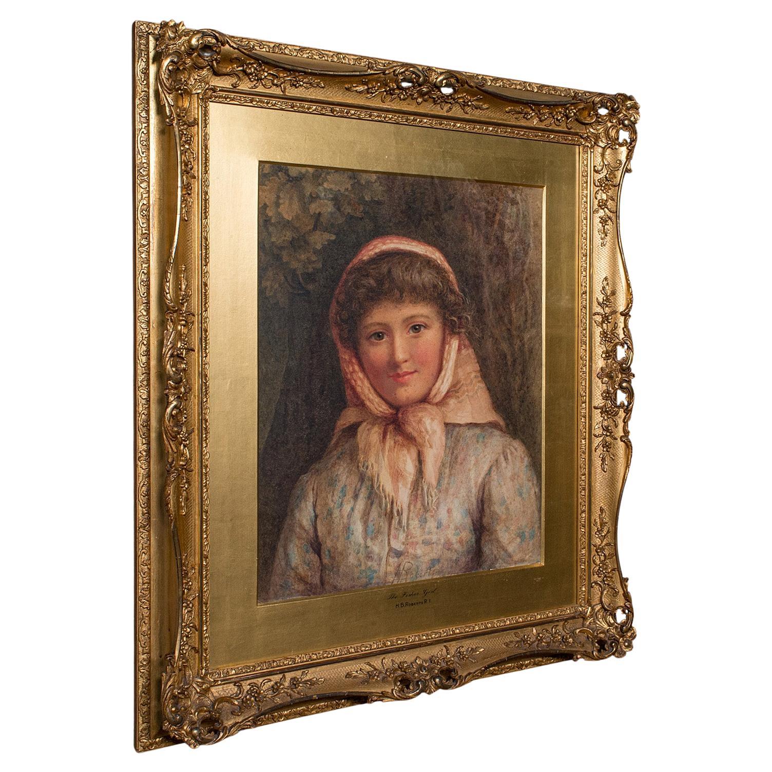 Grande ritratto antico, inglese, acquerello, pittura, HB Roberts, vittoriano
