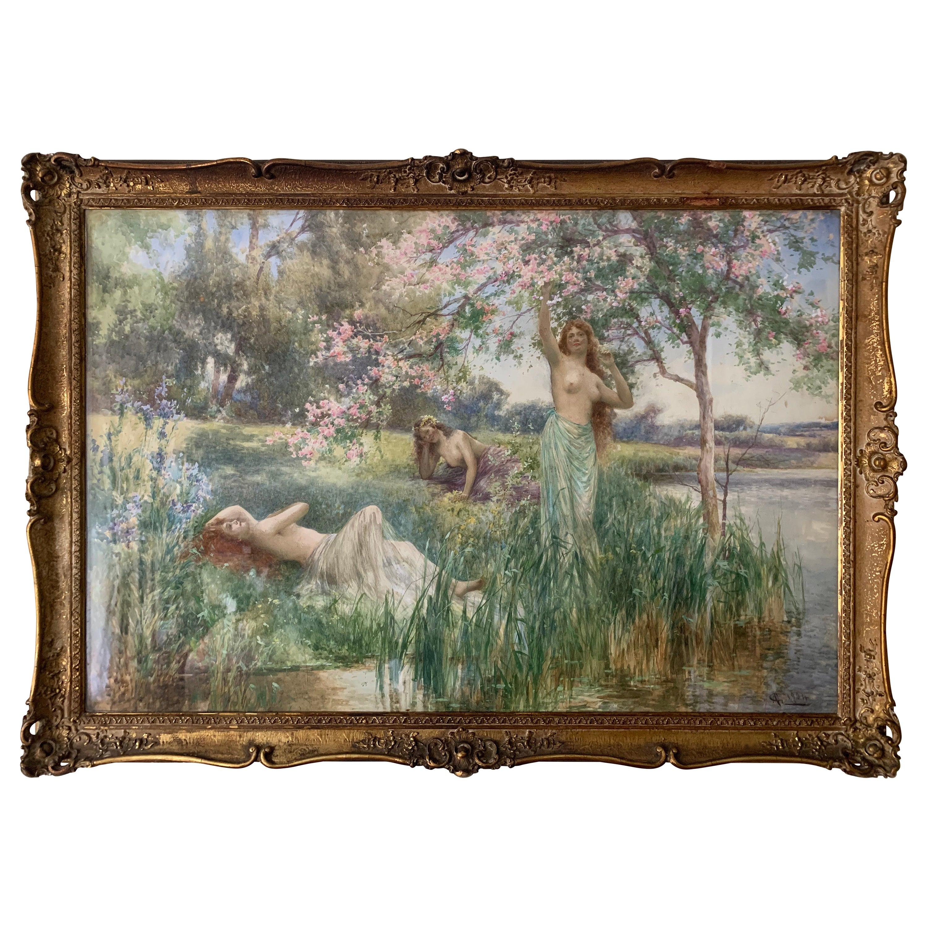 Large Antique Pre Raphaelite Painting by Alfred Augustus Glendening, Junior