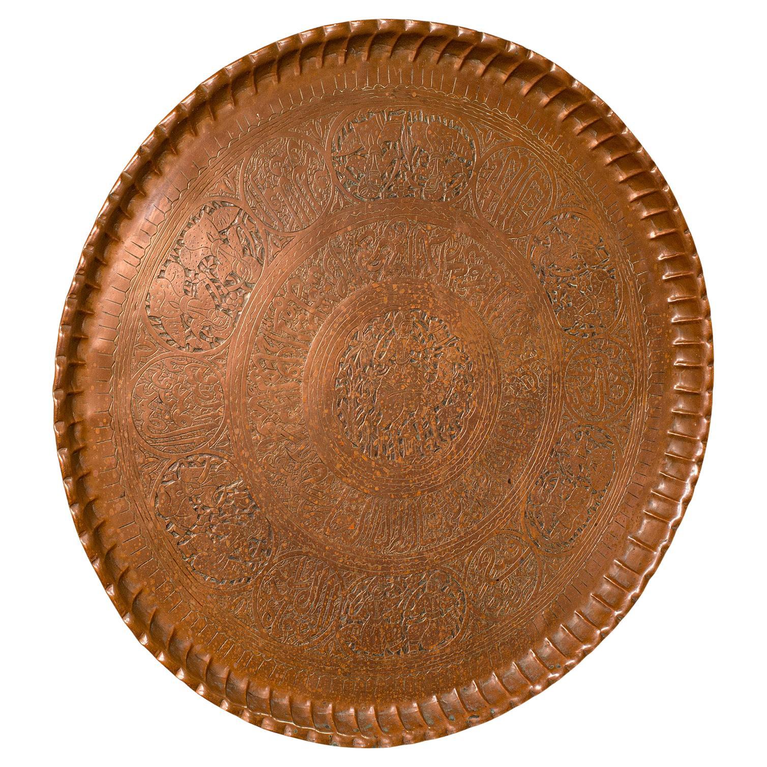 Gran Bandeja de Presentación Antigua, Persa, Cobre Grabado, Cargador, Victoriana