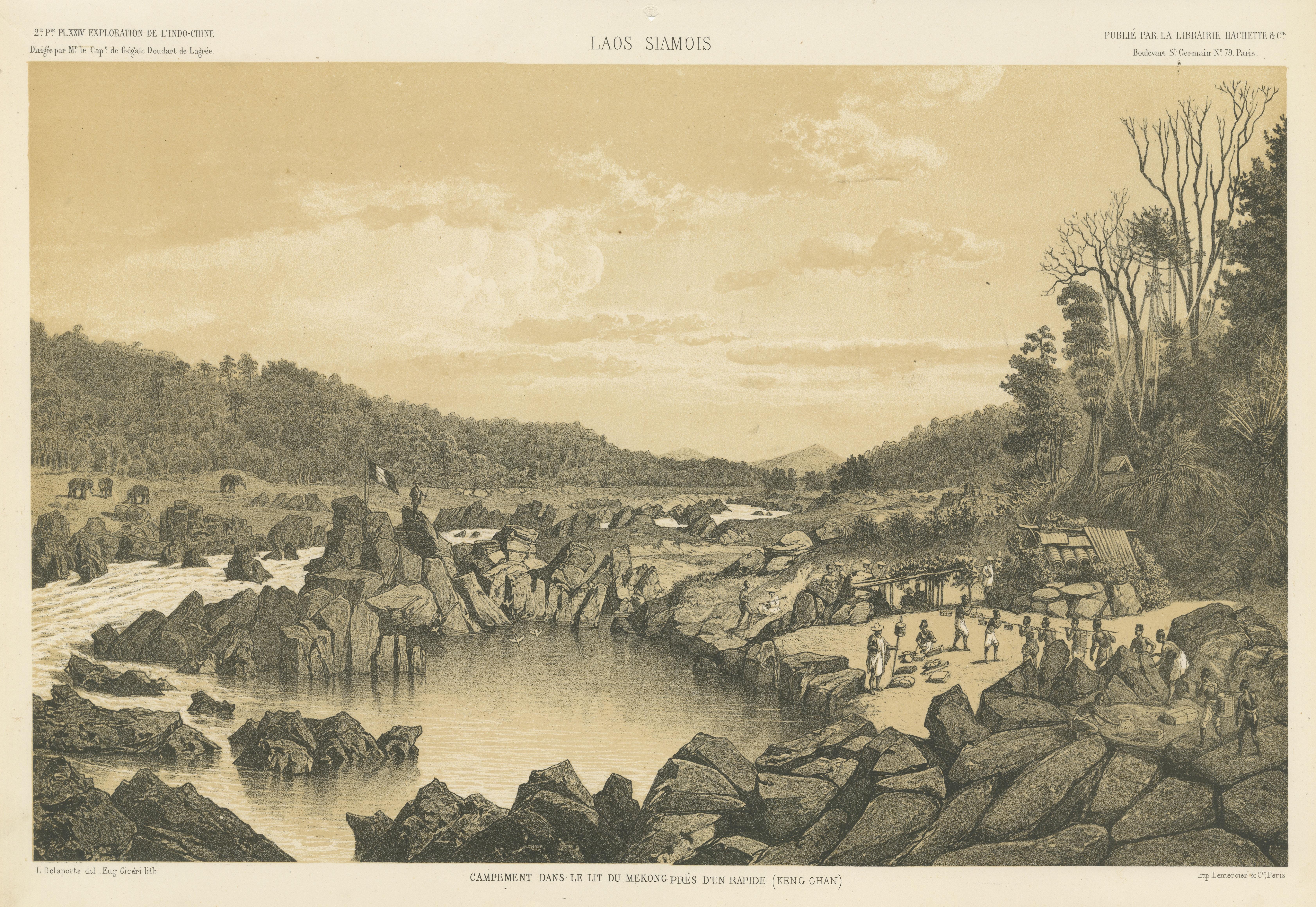 Large Antique Print of a Camp near Mekong River, Laos In Good Condition For Sale In Langweer, NL