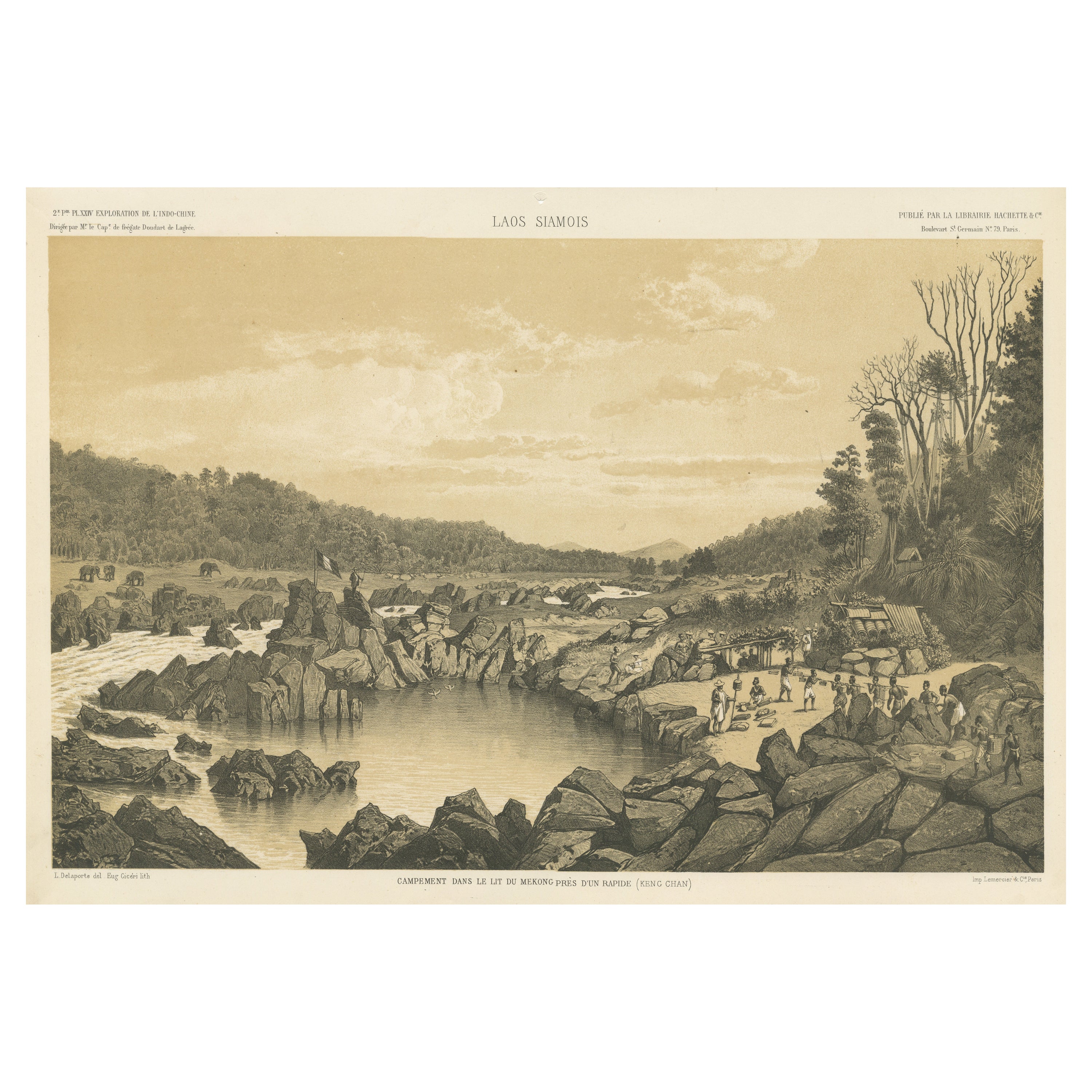 Großer antiker Druck eines Lagers in der Nähe des Mekong-Fluss, Laos