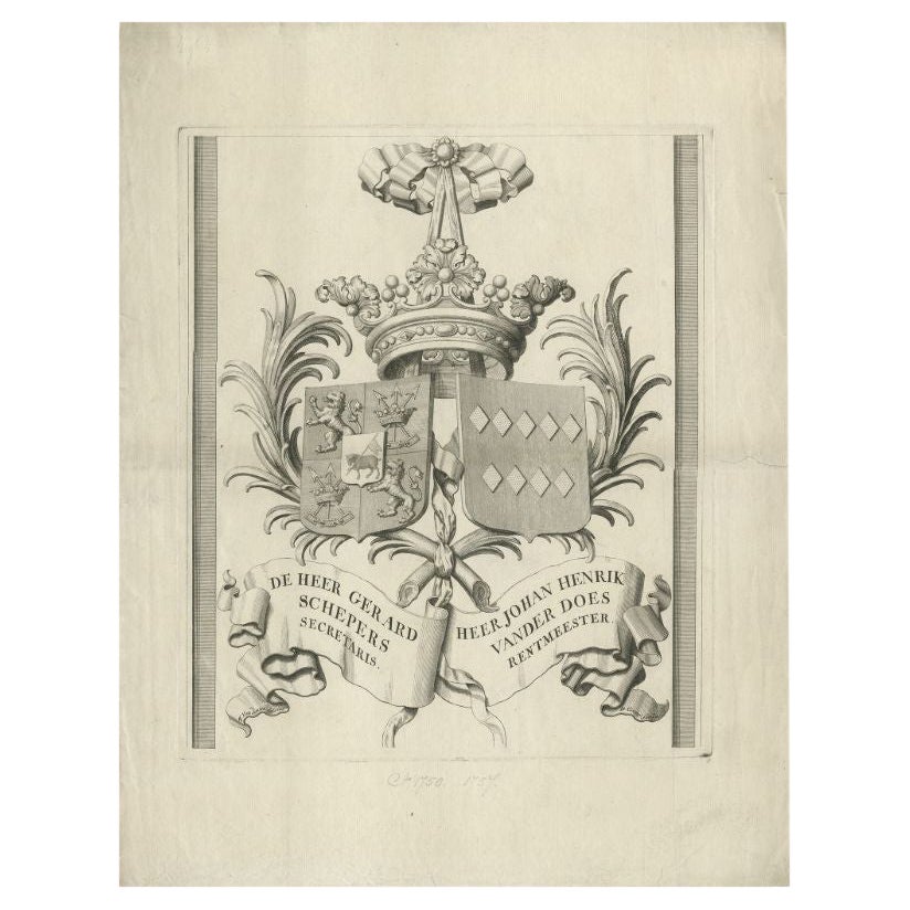 Grande impression ancienne d'un manteau d'armoiries de deux familles néerlandaises, vers 1750