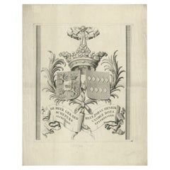 Grande impression ancienne d'un manteau d'armoiries de deux familles néerlandaises, vers 1750