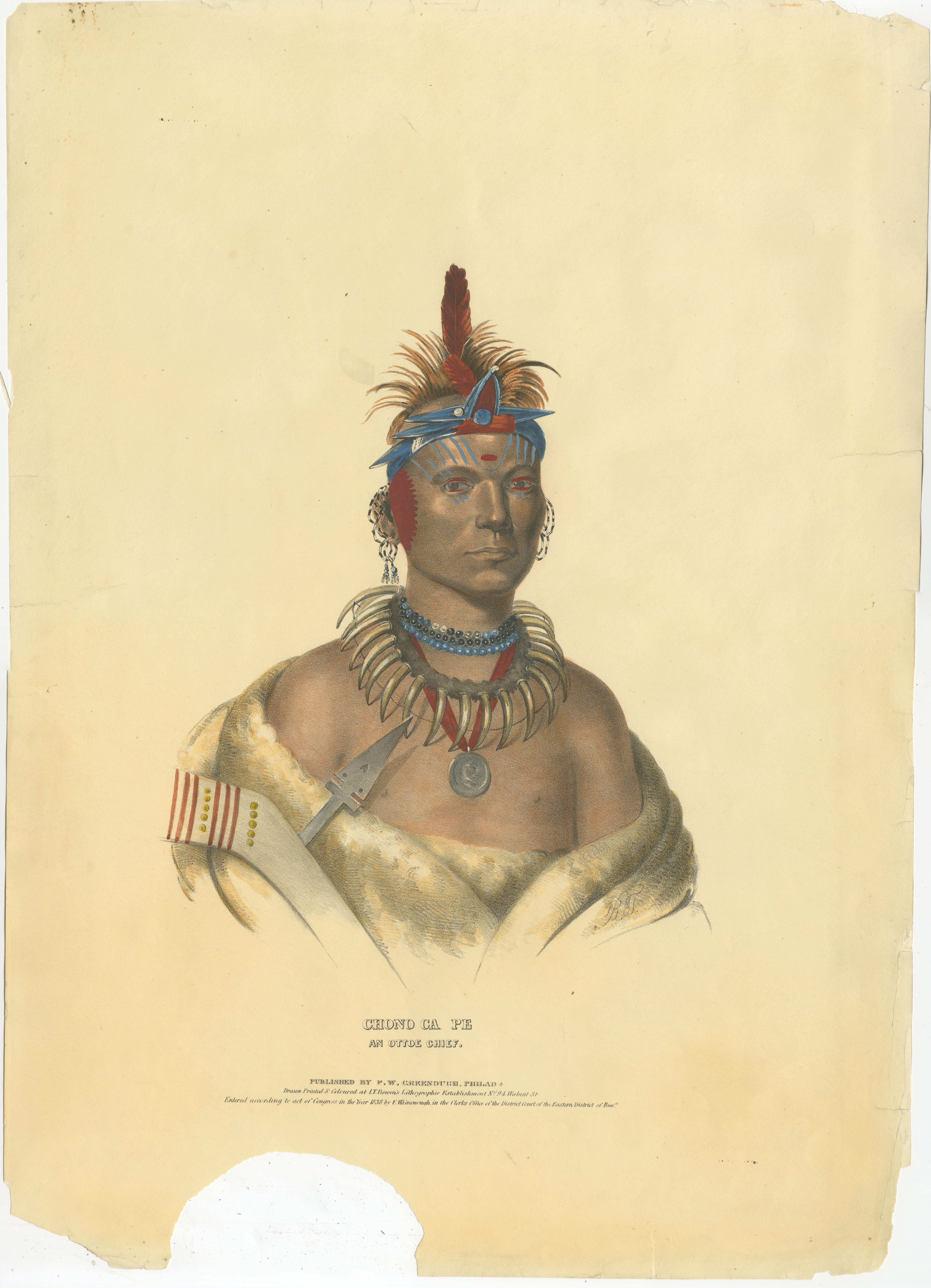 Large Antique Print of Chono Ca Pe, an Otoe Chief, circa 1838 In Fair Condition For Sale In Langweer, NL