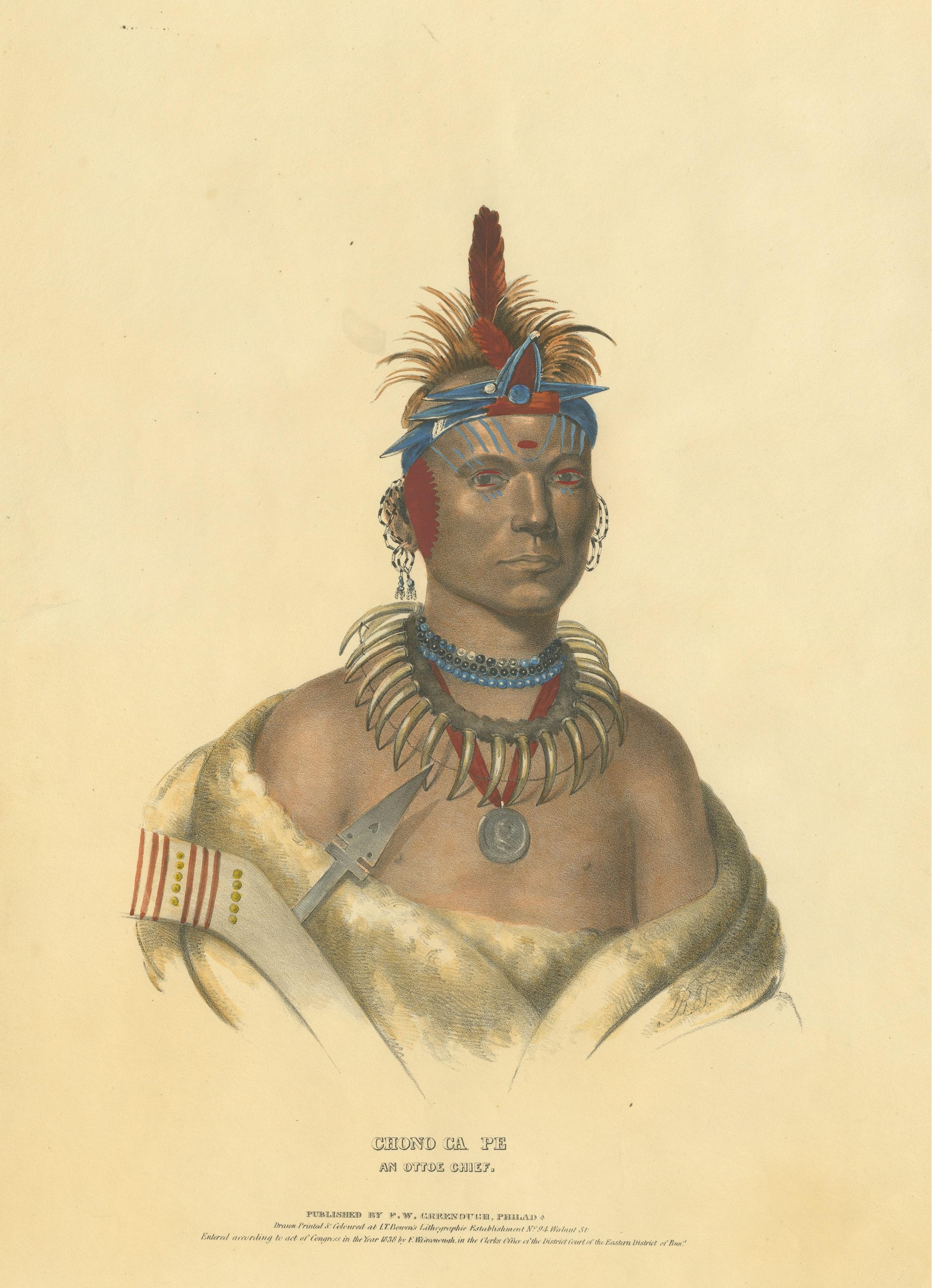 19th Century Large Antique Print of Chono Ca Pe, an Otoe Chief, circa 1838 For Sale