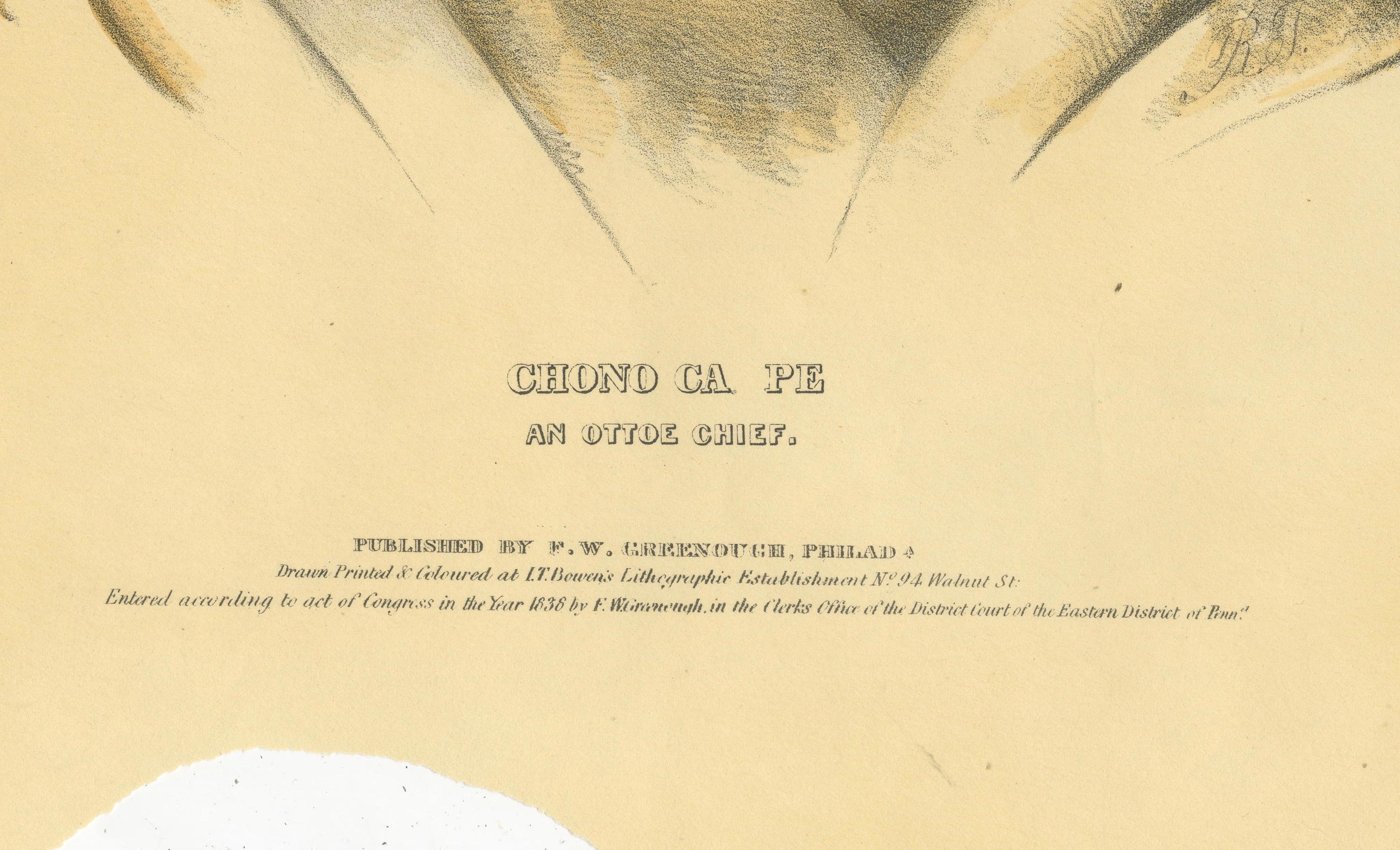 Papier Grande gravure ancienne de Chono Ca Pe, un chef Otoe, vers 1838 en vente