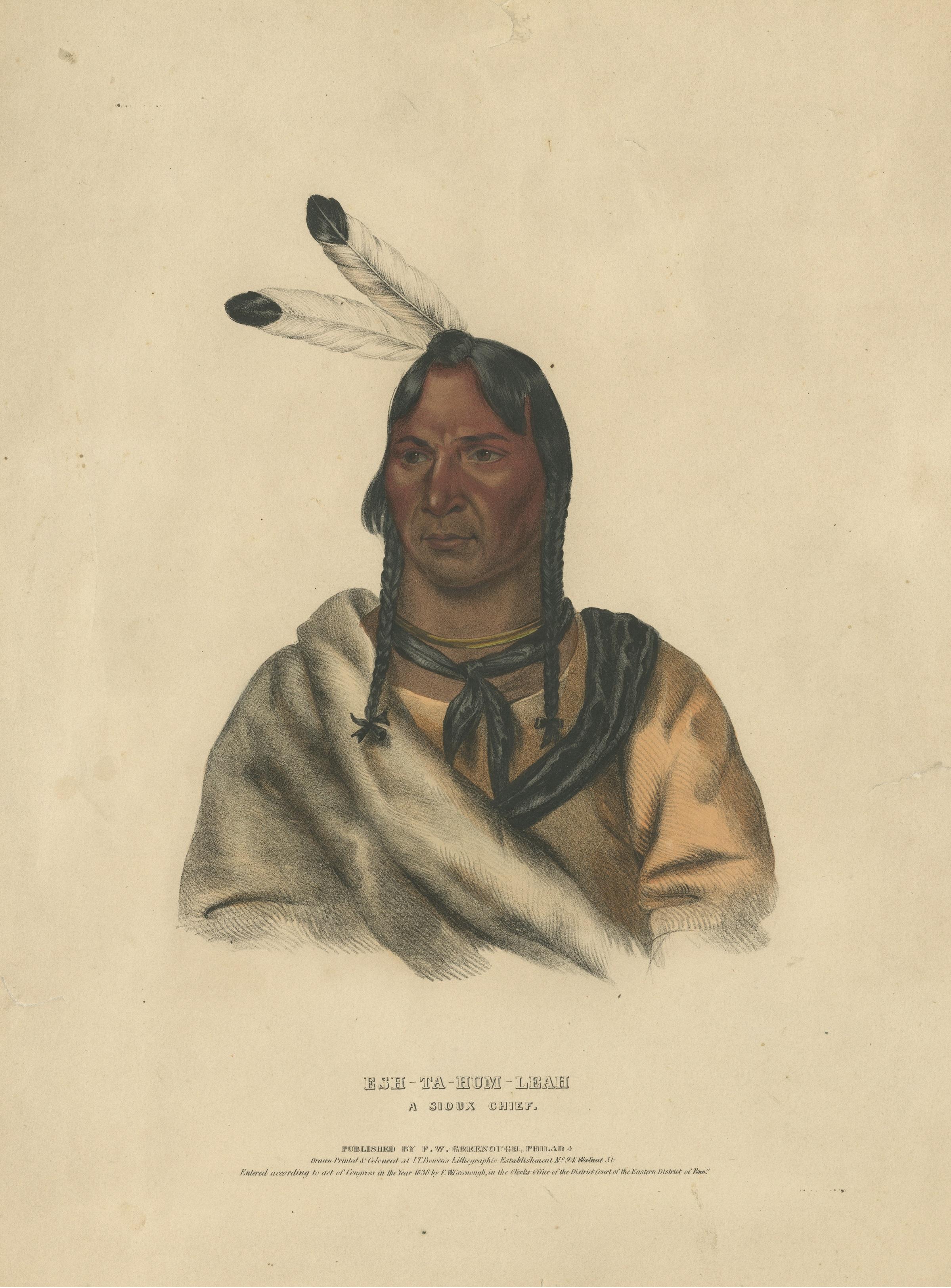 Large Antique Print of Esh-Ta-Hum-Leah, a Sioux Chief, circa 1838 In Fair Condition For Sale In Langweer, NL