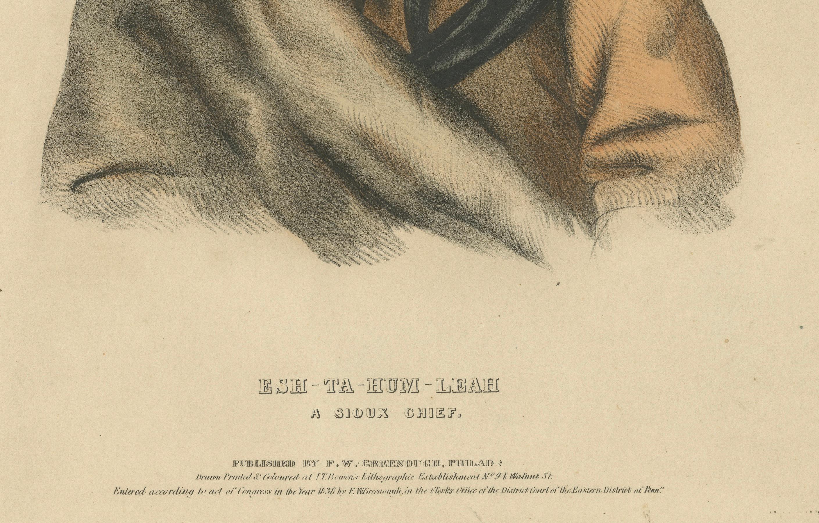 Paper Large Antique Print of Esh-Ta-Hum-Leah, a Sioux Chief, circa 1838 For Sale