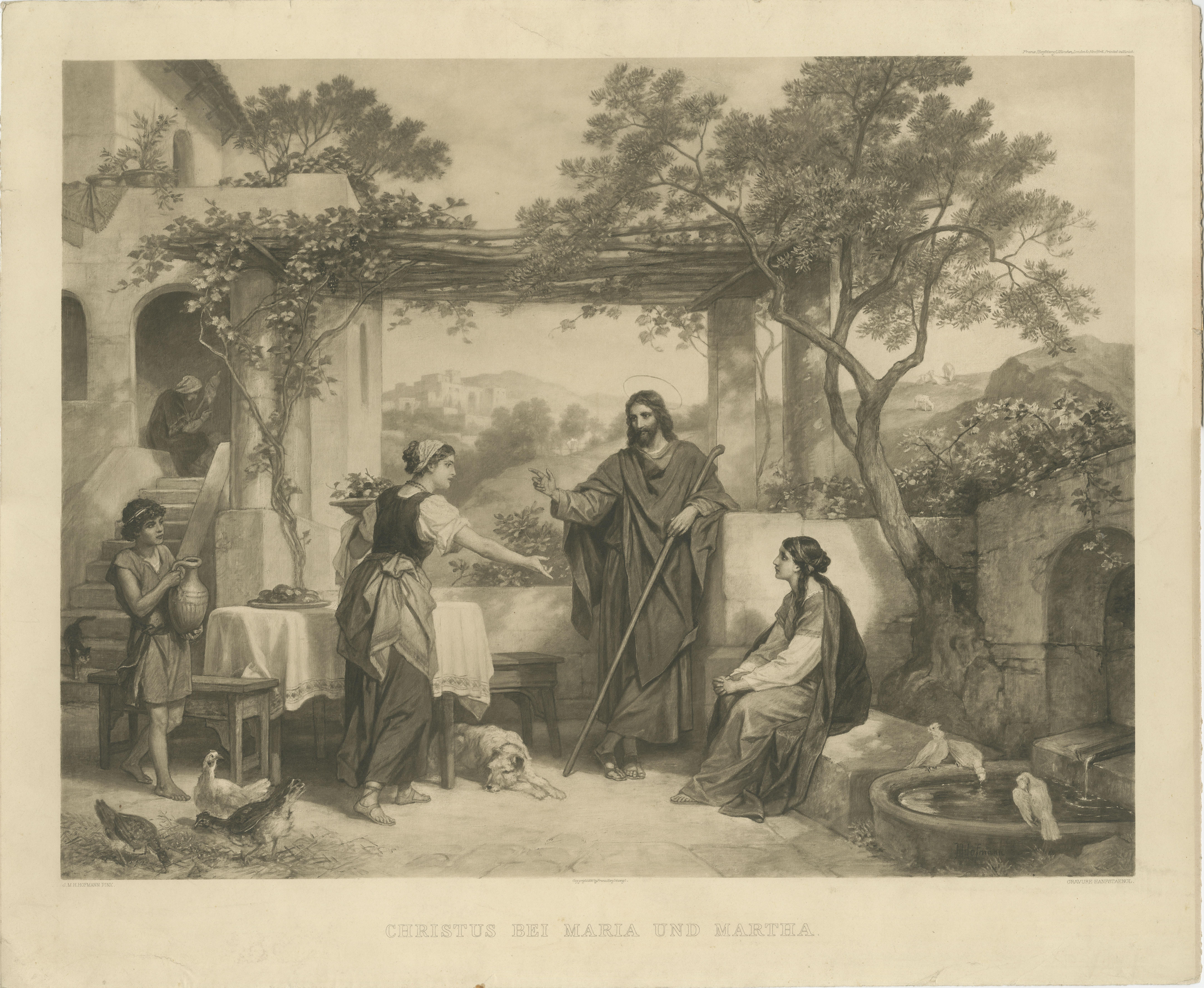 Antique print titled 'Christus bei Maria und Martha'. Lithograph on chine collé after a painting by J.M.H. Hofmann. It shows Jesus at the home of Martha and Mary. Lithographed by Hanfstaengl. Franz Seraph Hanfstaengl was a Bavarian painter,