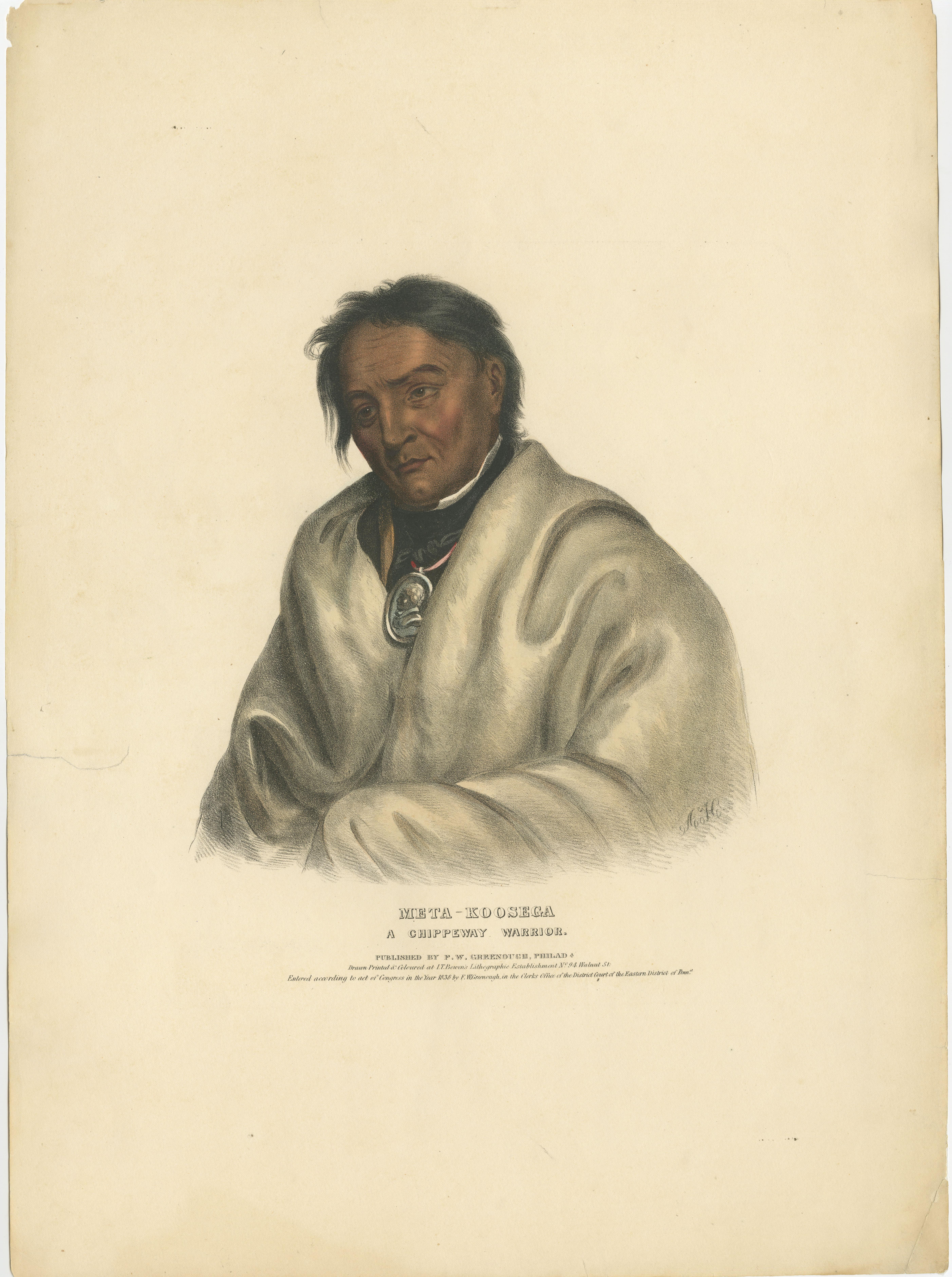 Large Antique Print of Meta-Koosega, an Ojibwe Warrior, circa 1838 In Fair Condition For Sale In Langweer, NL