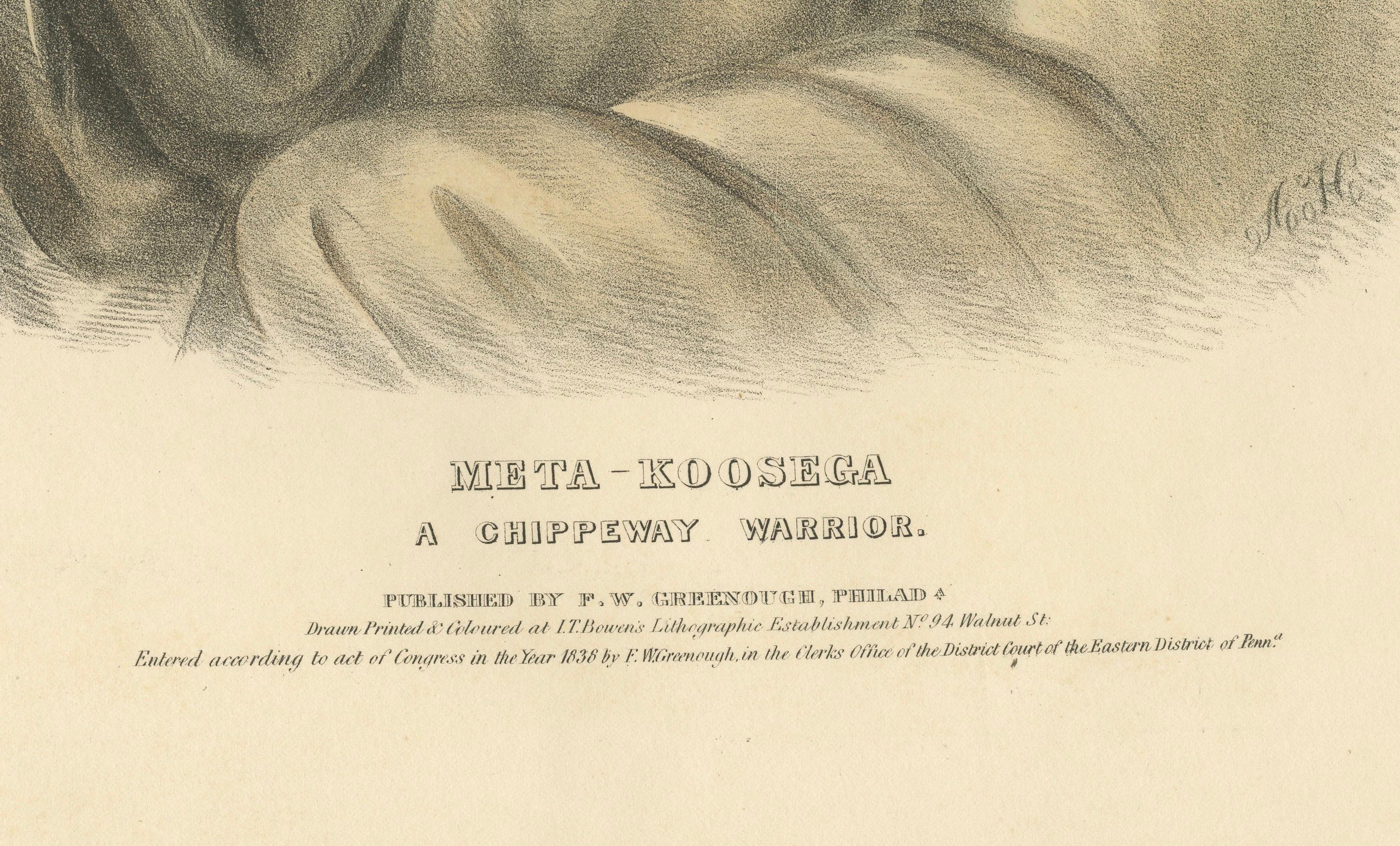 19th Century Large Antique Print of Meta-Koosega, an Ojibwe Warrior, circa 1838 For Sale