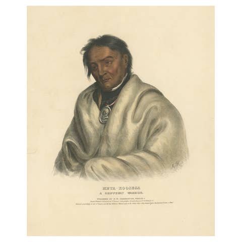 Ojibwe Warrior Portrait – Meta-Koosega, Hand-Colored Lithograph c.1838