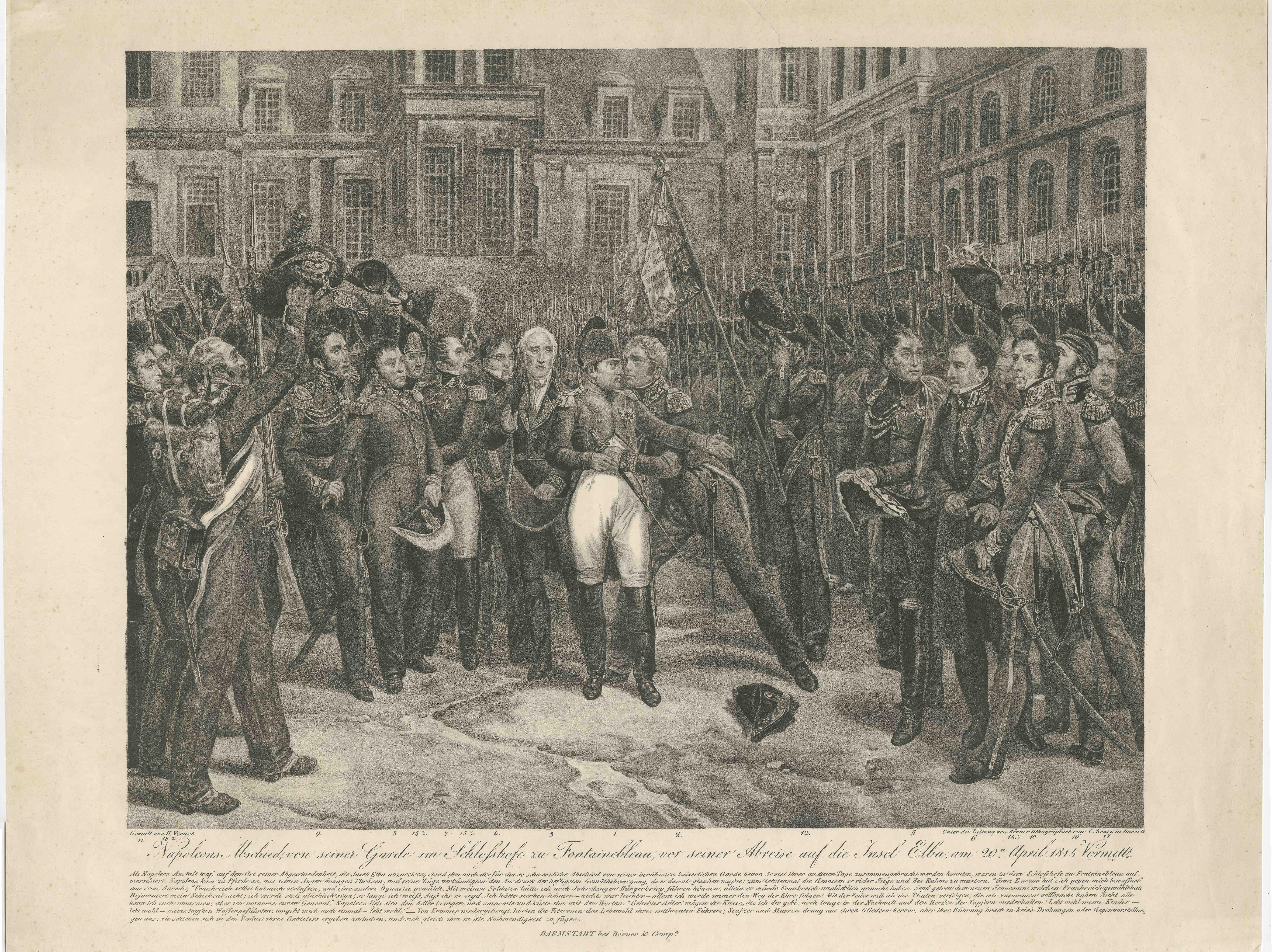 Paper Large Antique Print of Napoleon's Farewell at Fontainebleau, 20 April 1814
