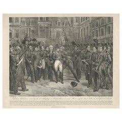 Grande estampe ancienne de la commémoration de Napoléon au Fontainebleau, 20 avril 1814