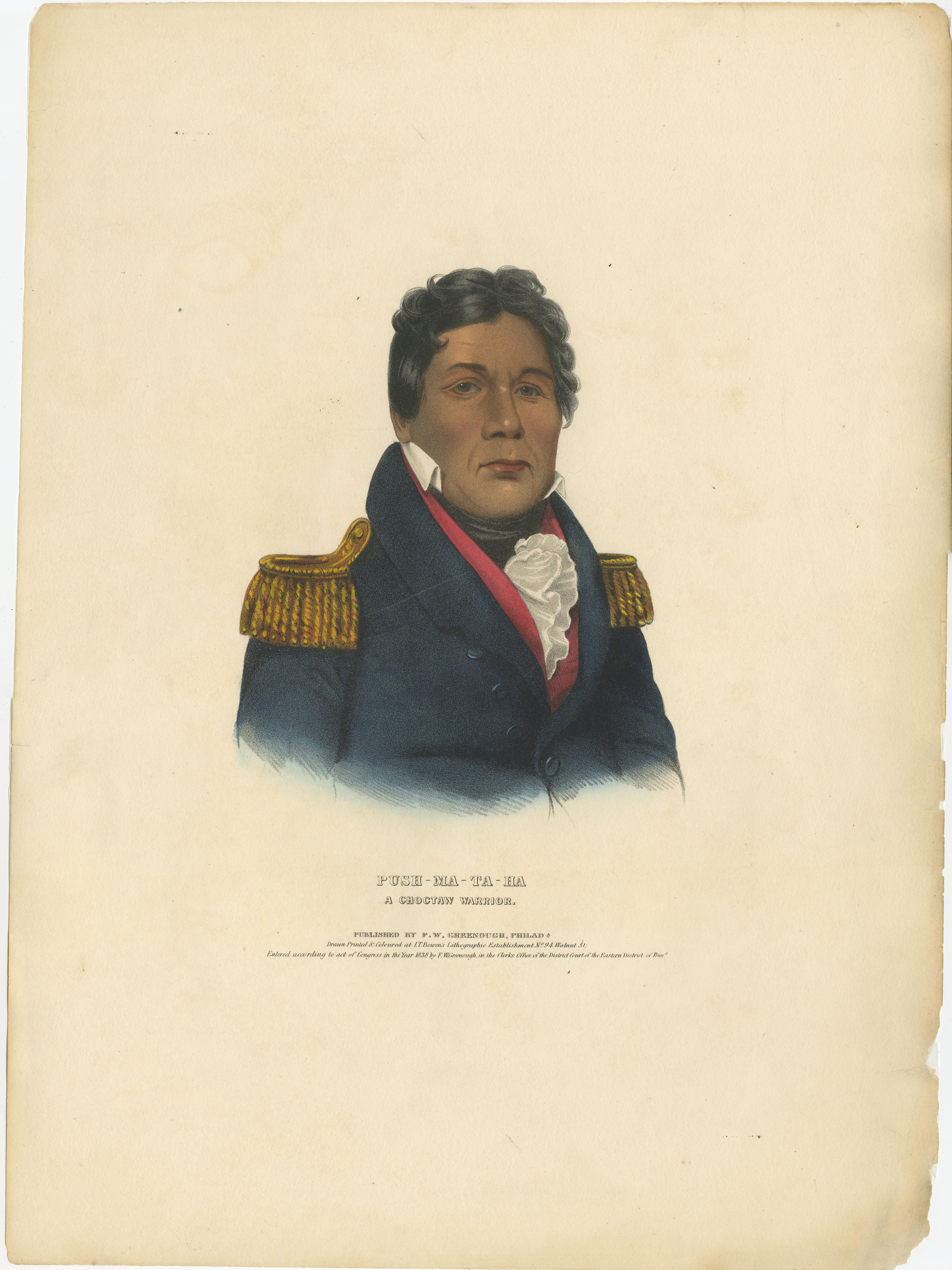 Großer antiker Druck von Push-Ma-Ta-Ha, einem Choctaw-Krieger, um 1838 (19. Jahrhundert) im Angebot