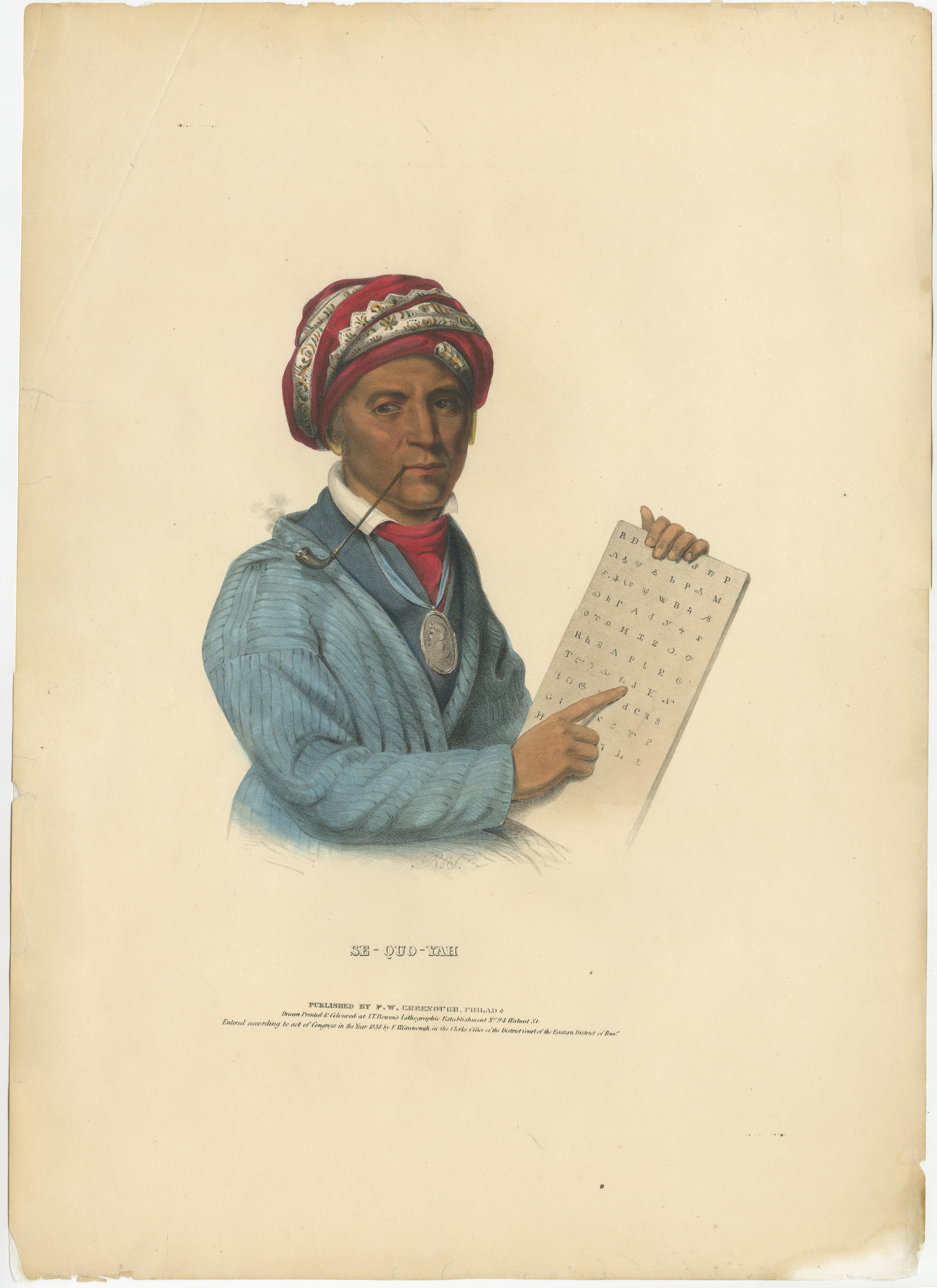 This lithograph represents Sequoyah, also known as George Gist or George Guess, a notable figure in Native American history for his extraordinary achievement as the creator of the Cherokee syllabary, making him a polymath and a neographer. The