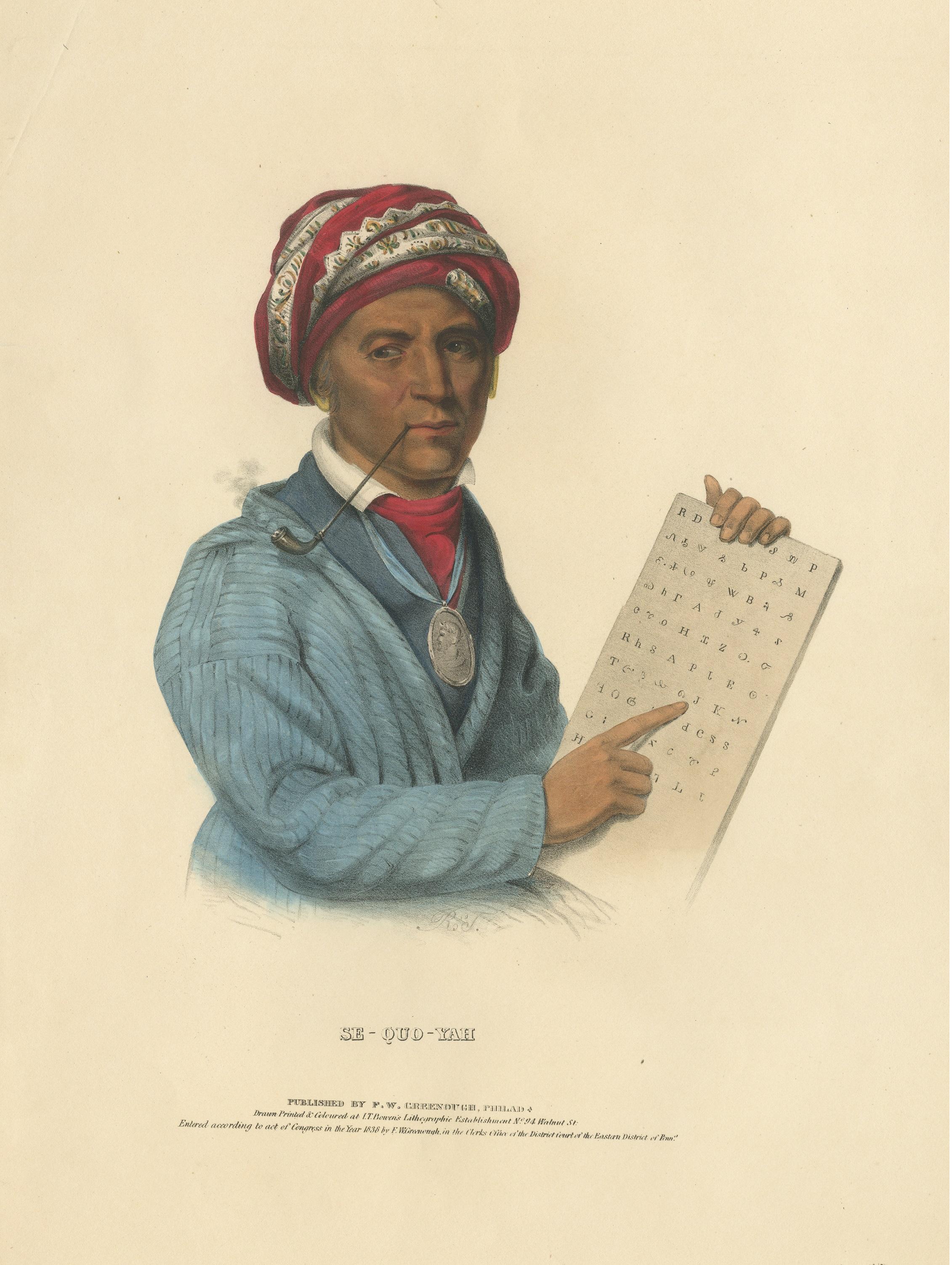Large Antique Print of Sequoyah, also known as George Gist, circa 1838 In Fair Condition For Sale In Langweer, NL