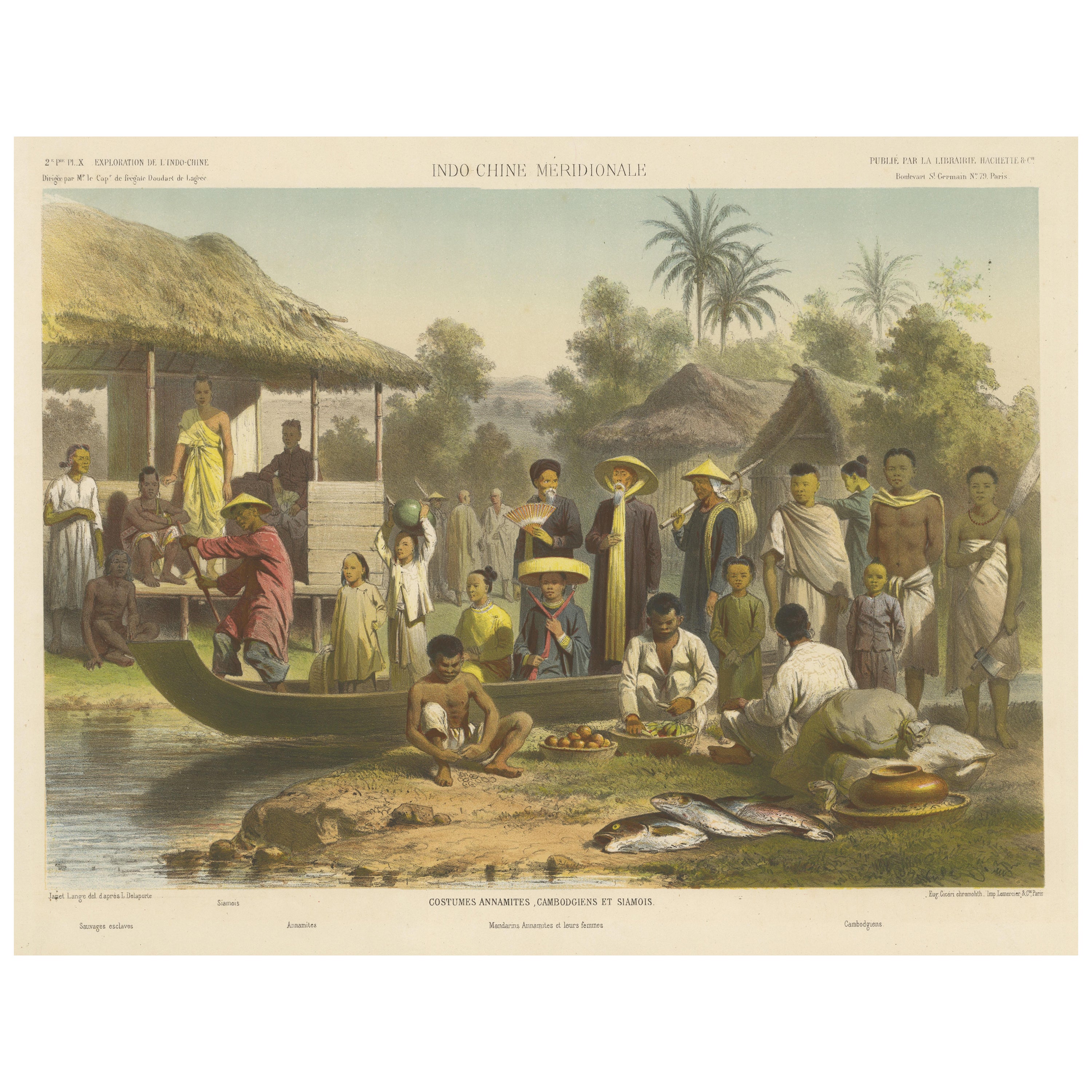 Grande estampe ancienne de costumes vietnamiens, cambodgiens et birmans